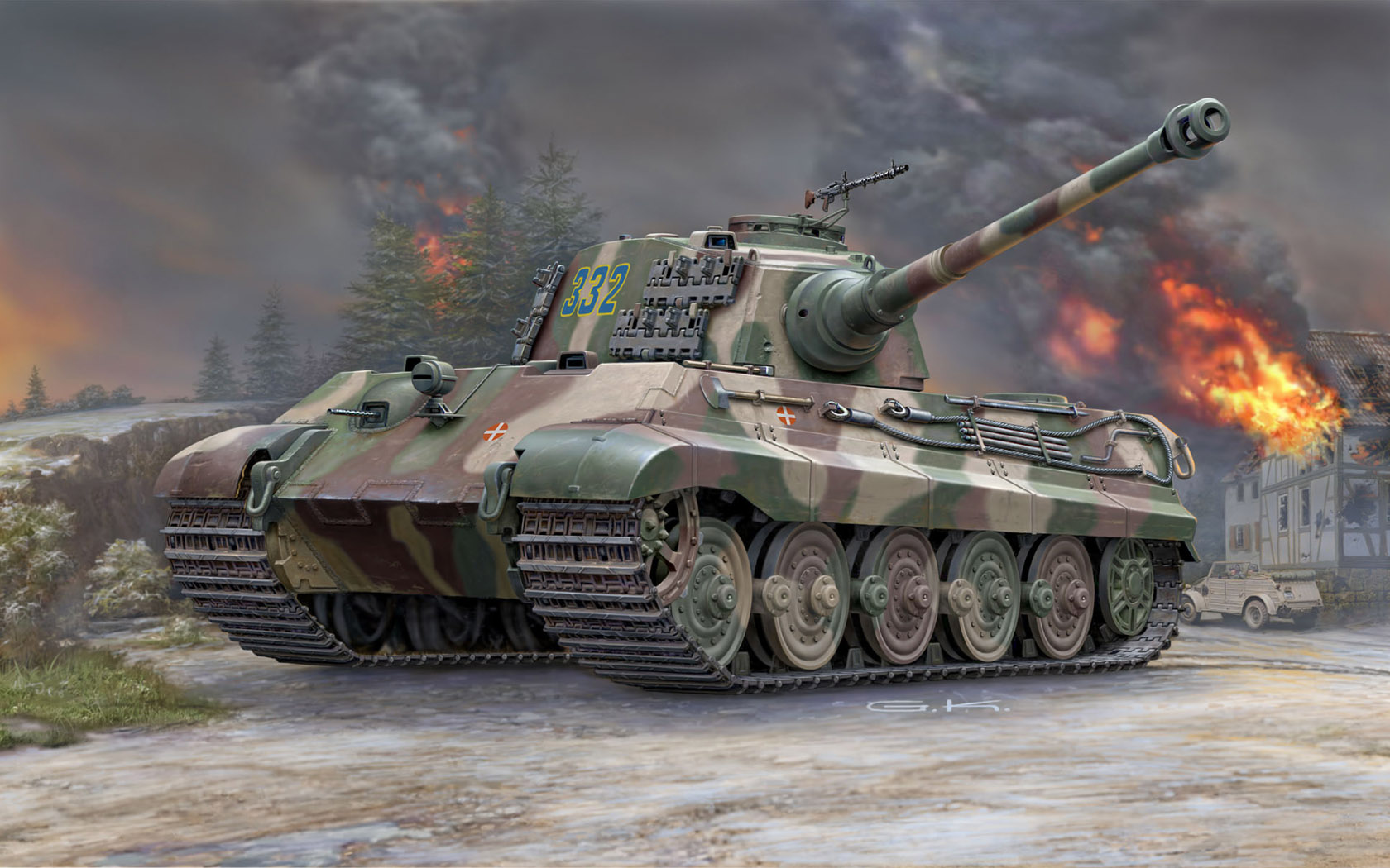 General 1680x1050 tank fire army military Tiger II World War II artwork military vehicle smoke explosion sky
