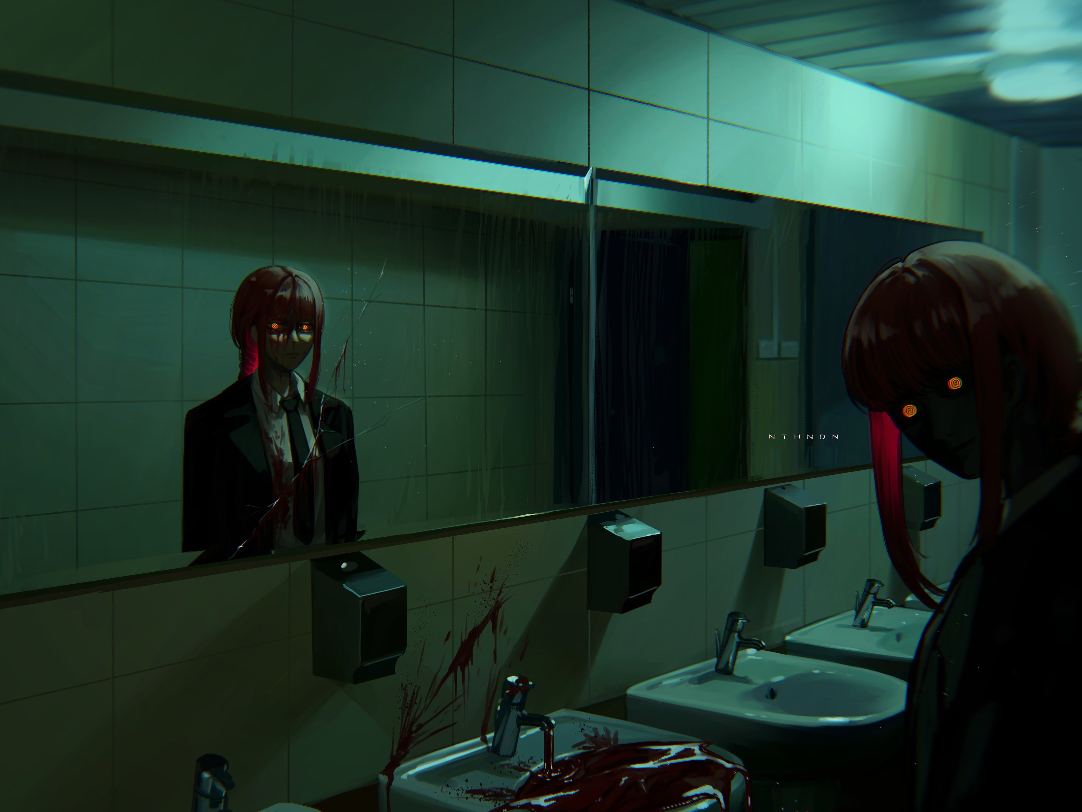 Anime 3748x2814 horror anime girls blood creepy Makima (Chainsaw Man) Chainsaw Man mirror redhead glowing eyes sink public restroom looking at viewer standing reflection long hair