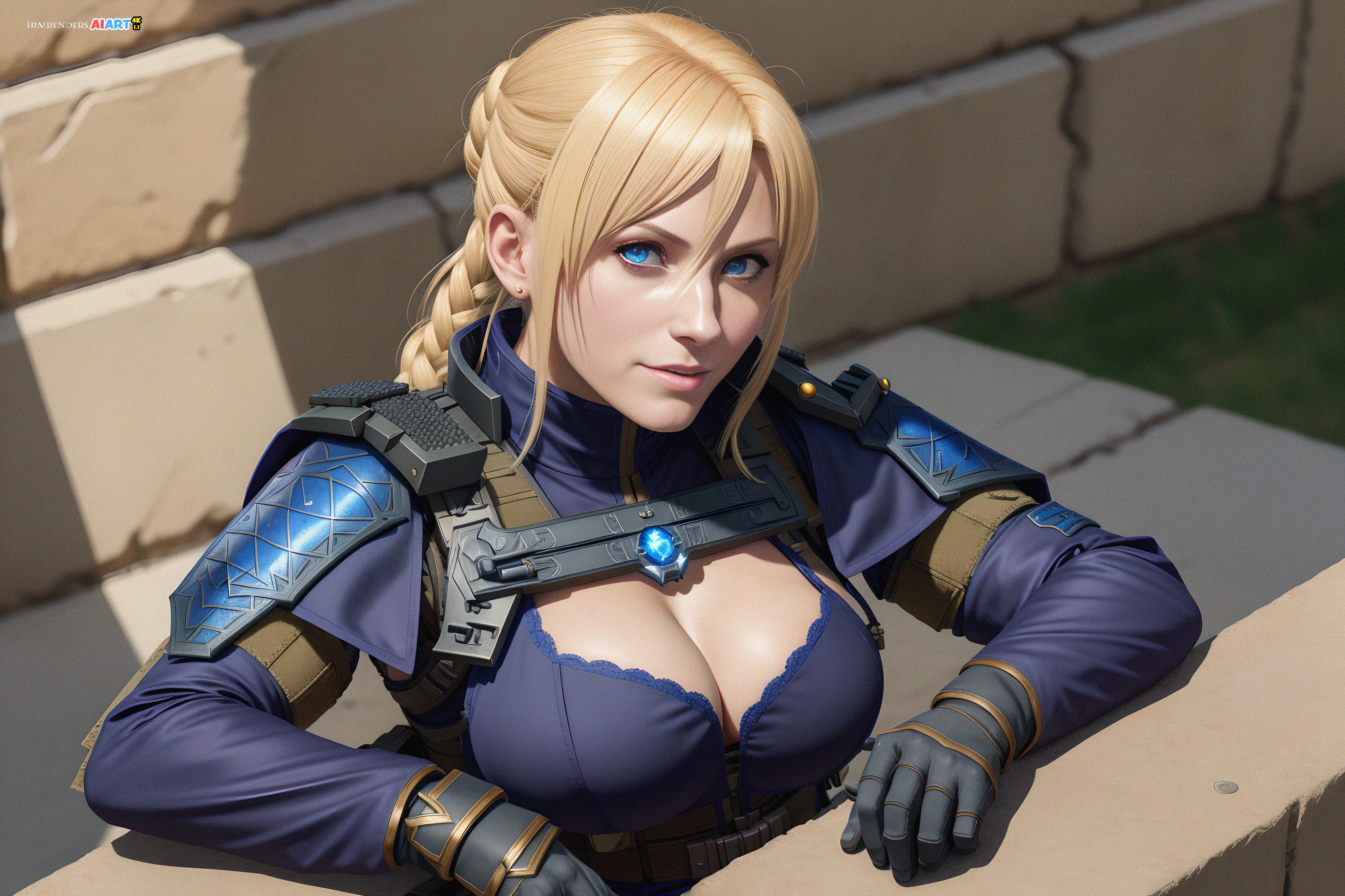 General 6144x4096 CGI army girl blonde weapon military AI art cleavage big boobs braids smiling looking at viewer digital art women