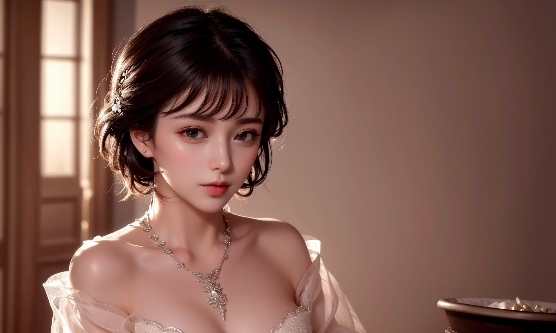 General 1920x1152 Ai Dongdong AI art Asian women necklace looking at viewer short hair jewelry dress