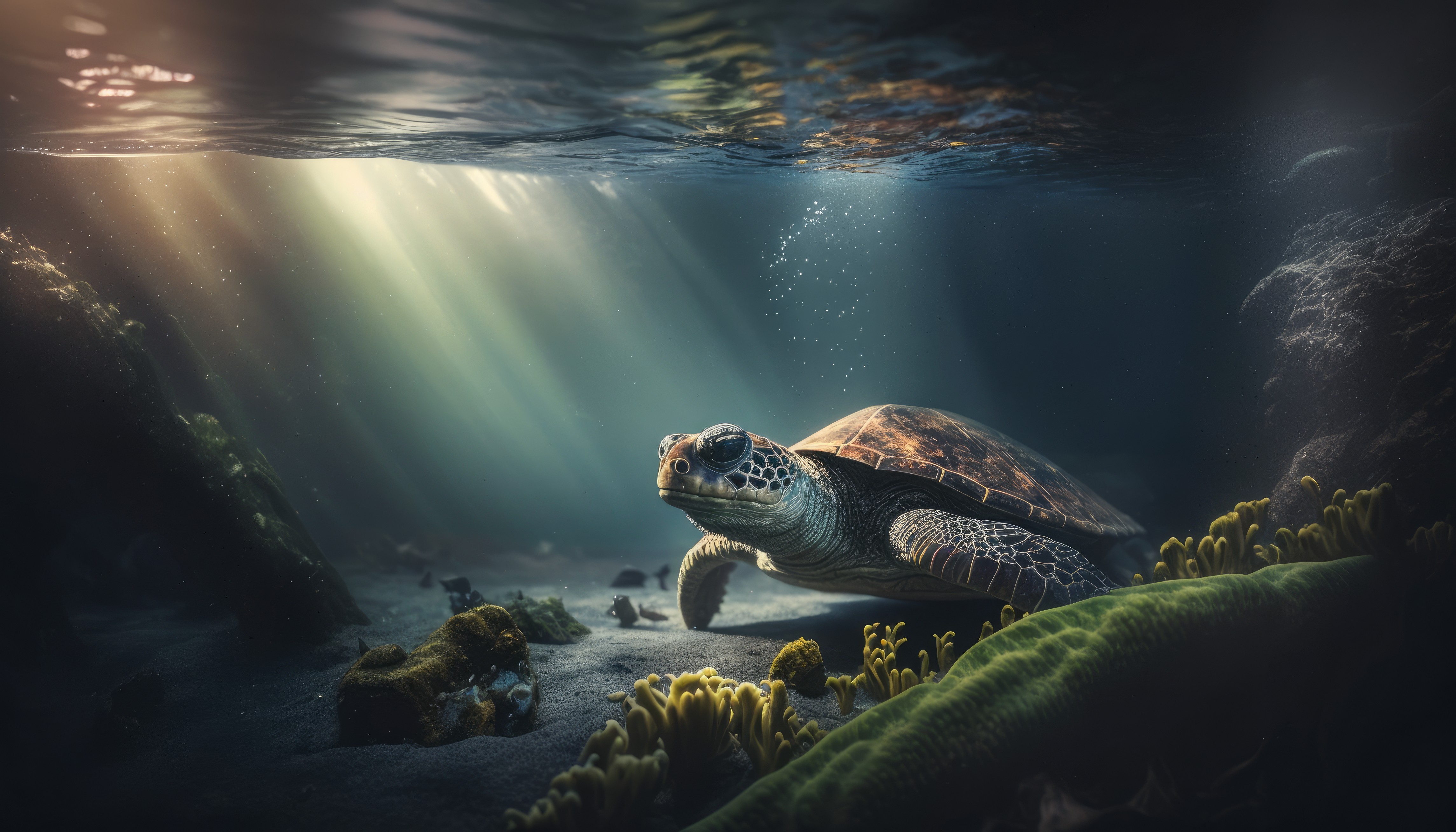 General 4579x2616 AI art animals turtle underwater sea floor water sunlight nature in water