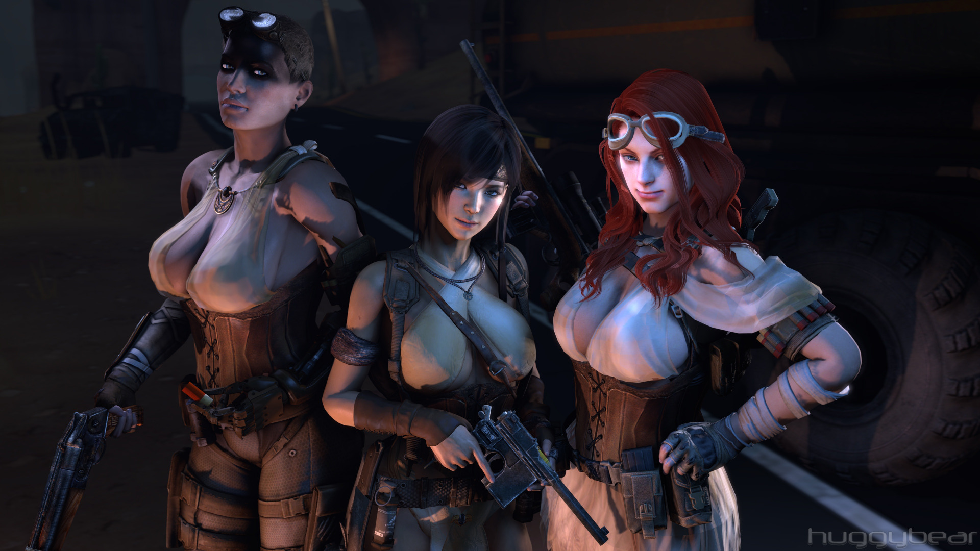 General 1920x1080 women digital art boobs cleavage group of women gun redhead huggybear girls with guns goggles looking at viewer necklace gloves Mad Max: Fury Road Furiosa Mauser C96