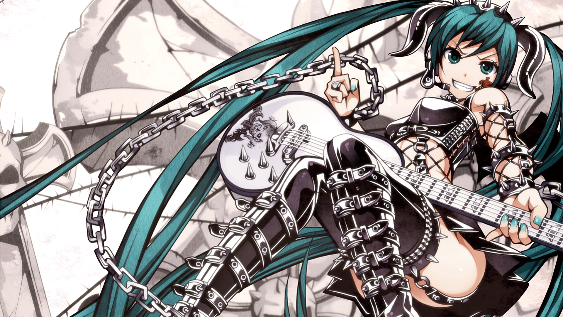 Anime 1920x1080 anime girls Hatsune Miku guitar Vocaloid twintails looking at viewer musical instrument chains smiling long hair