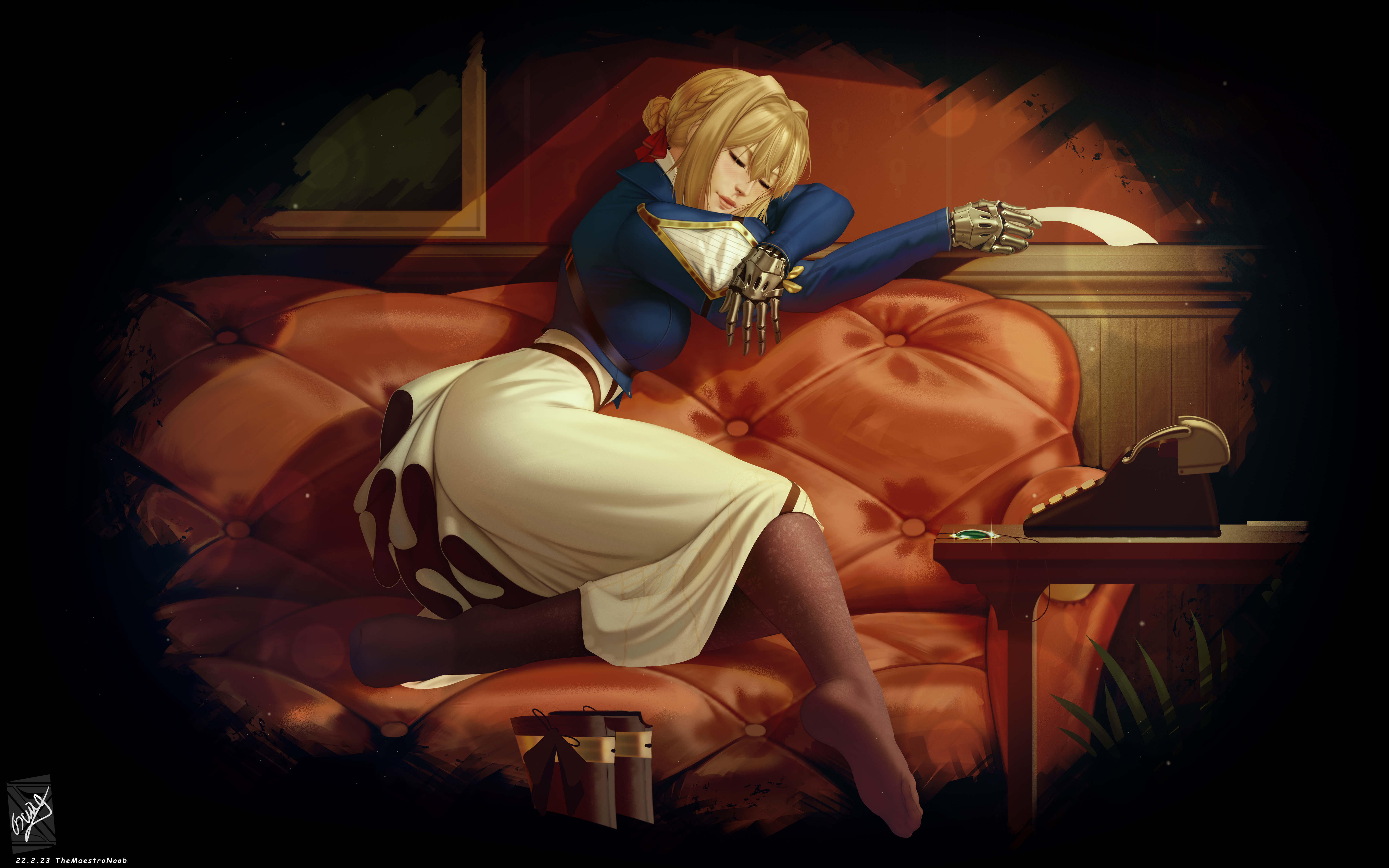Anime 6000x3750 Violet Evergarden anime anime girls 2D artwork drawing fan art TheMaestroNoob closed eyes couch typewriters Saber