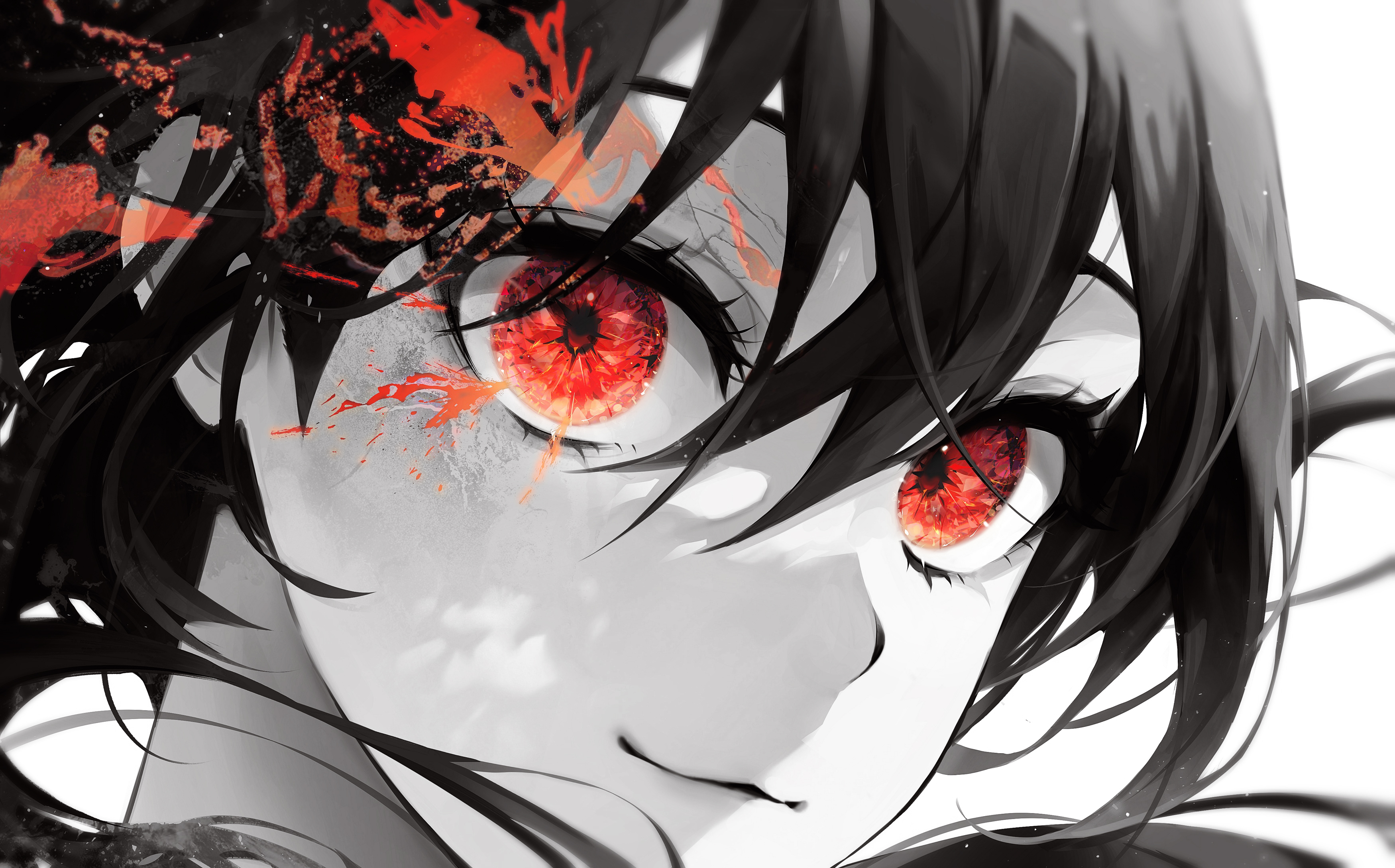 Anime 3500x2178 red 11 eyes anime girls smiling looking at viewer face closeup