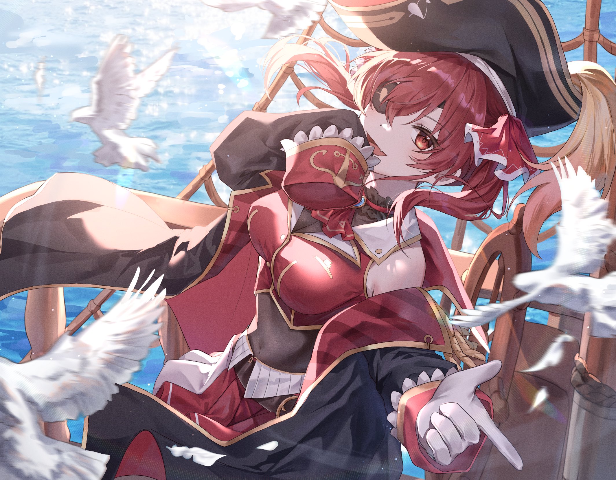 Anime 2129x1658 Hosho Marine Virtual Youtuber Hololive pirate girl anime girls birds eyepatches pirate hat big boobs gloves looking at viewer twintails feathers water
