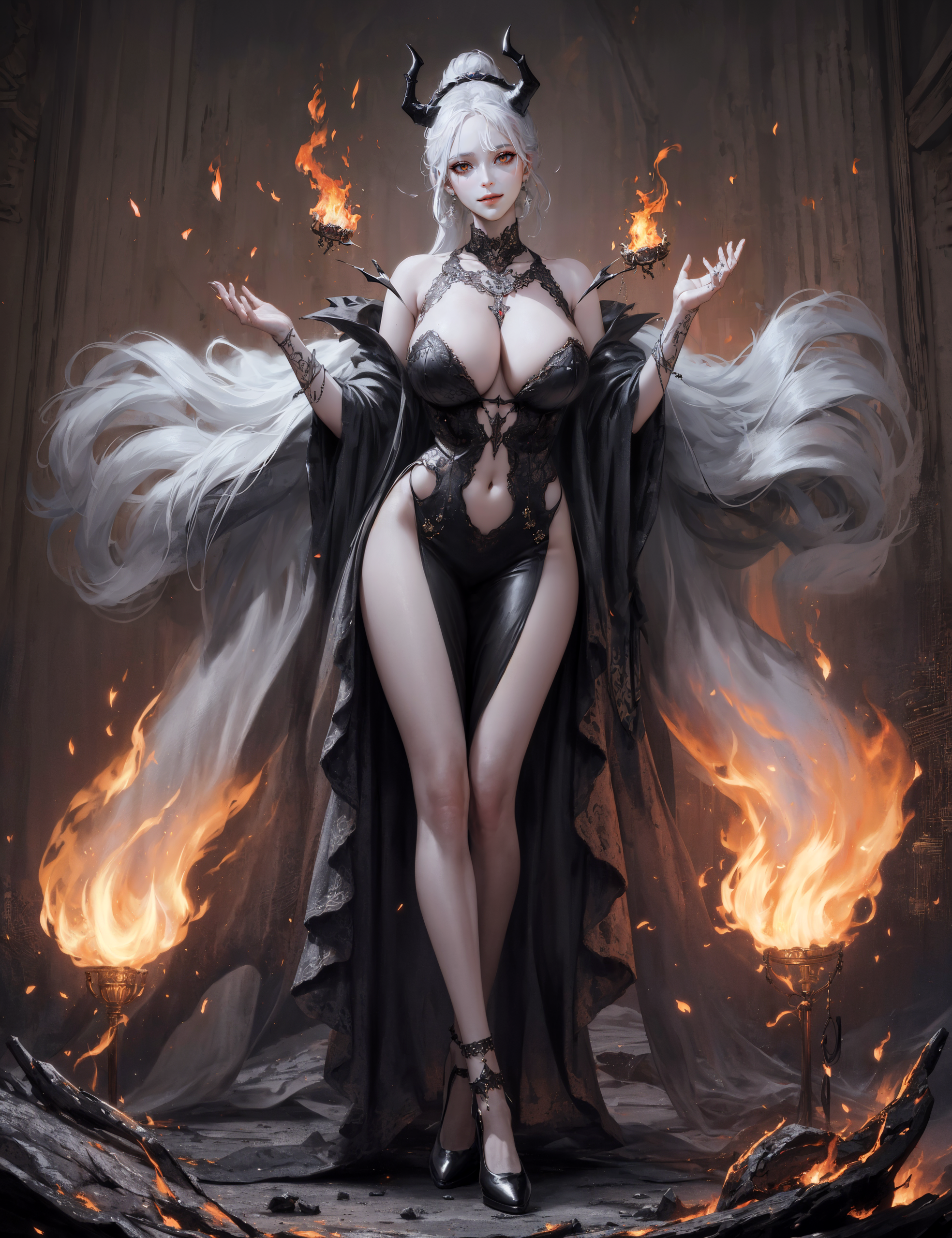 General 1968x2560 AI art Stable Diffusion digital art illustration women devil horns big boobs fantasy art fantasy girl fire portrait display cleavage looking at viewer long hair belly button horns dress thighs legs earring Asian