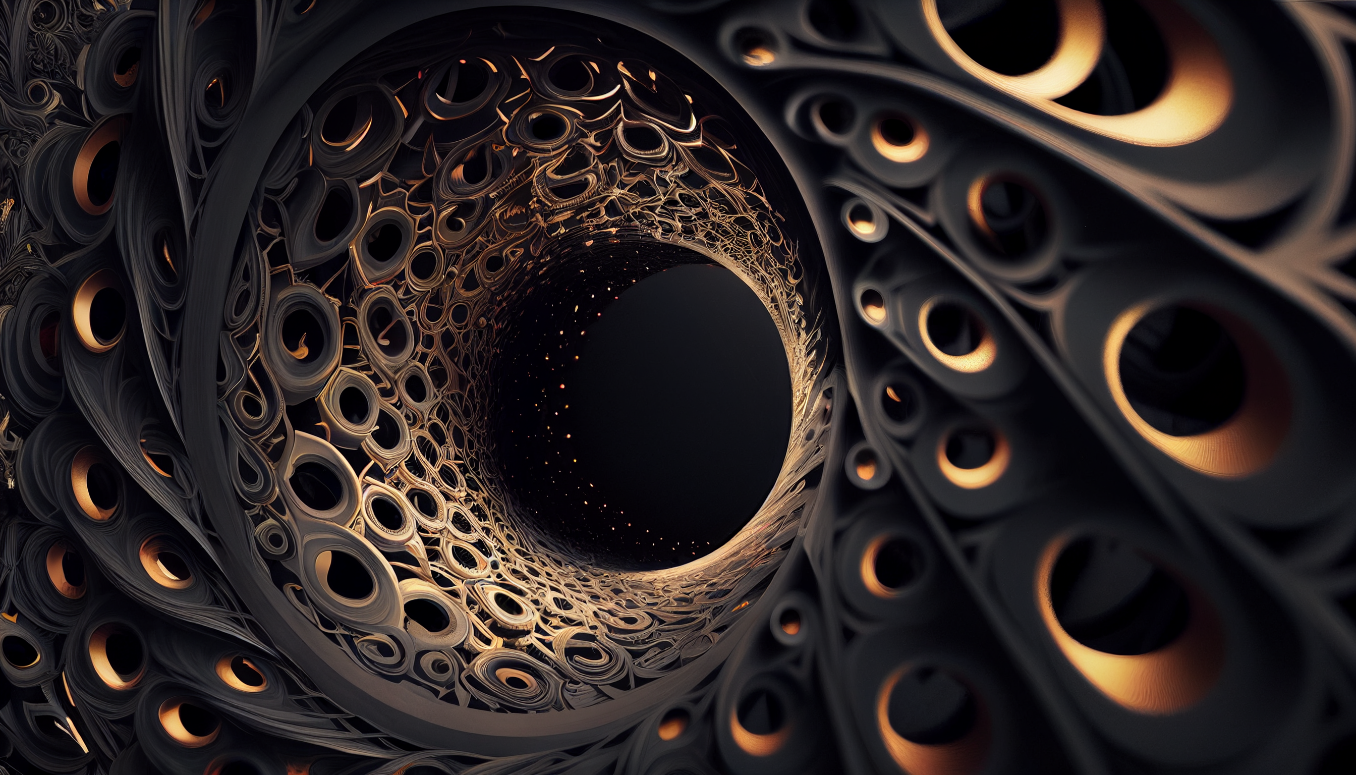 General 2688x1536 holes black holes event horizon gold black abstract digital art AI art