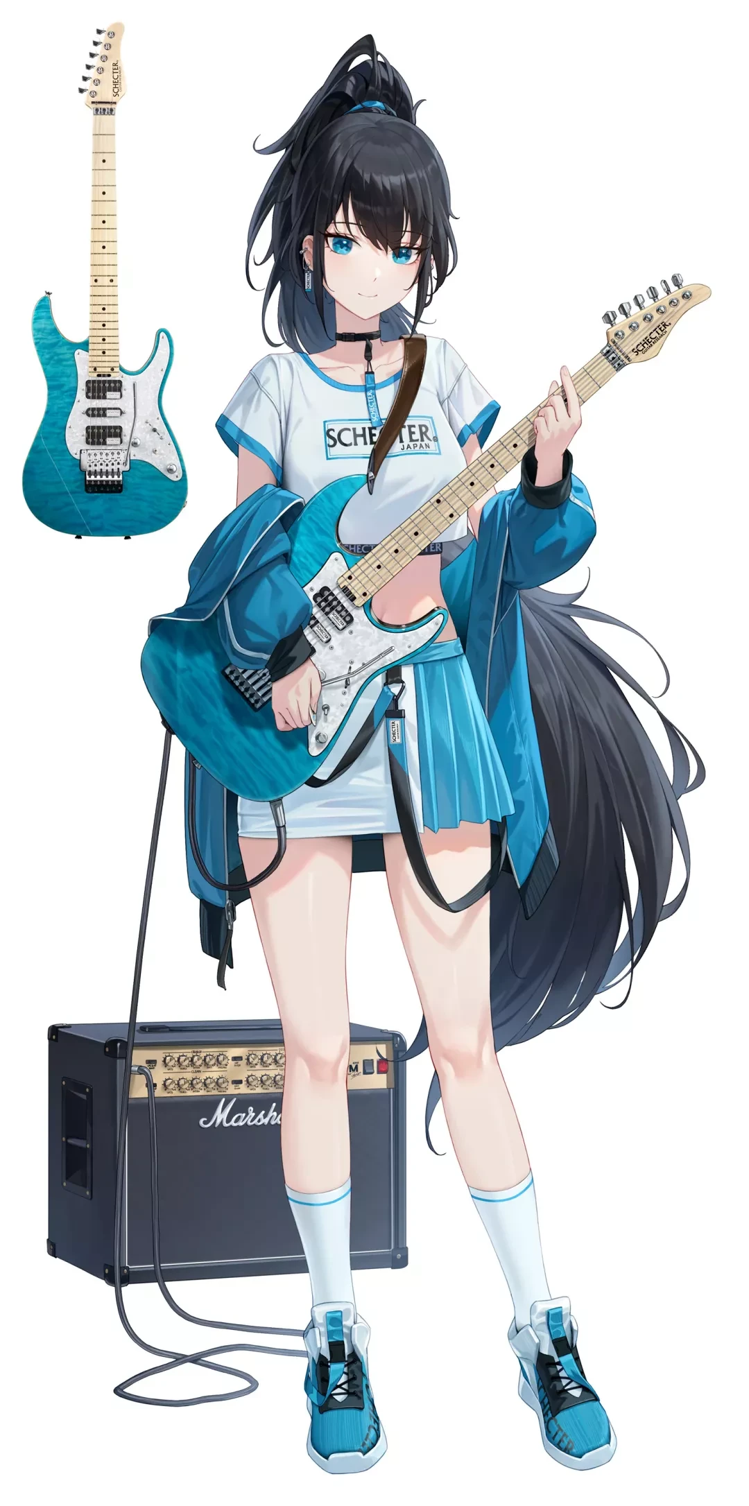 Anime 1080x2172 anime anime girls portrait display guitar musical instrument white background tail ponytail skirt smiling looking at viewer