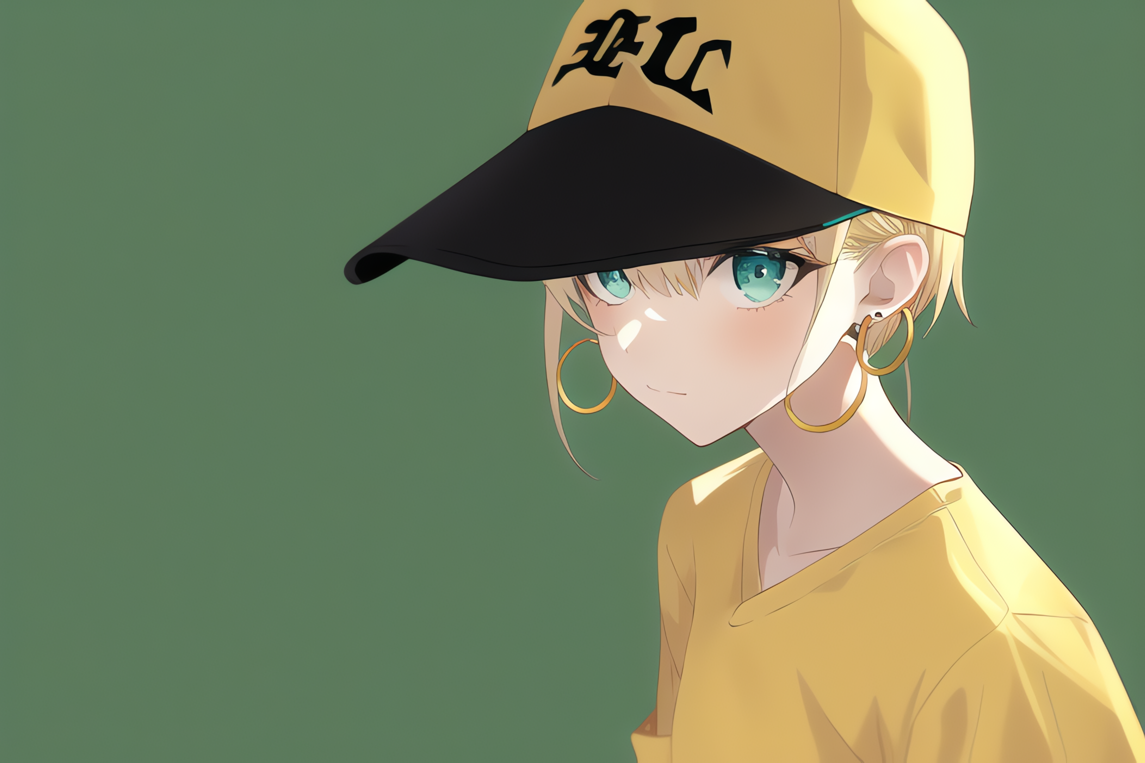 Anime 3840x2560 AI art anime girls green background earring simple background hat hoop earrings looking at viewer short hair