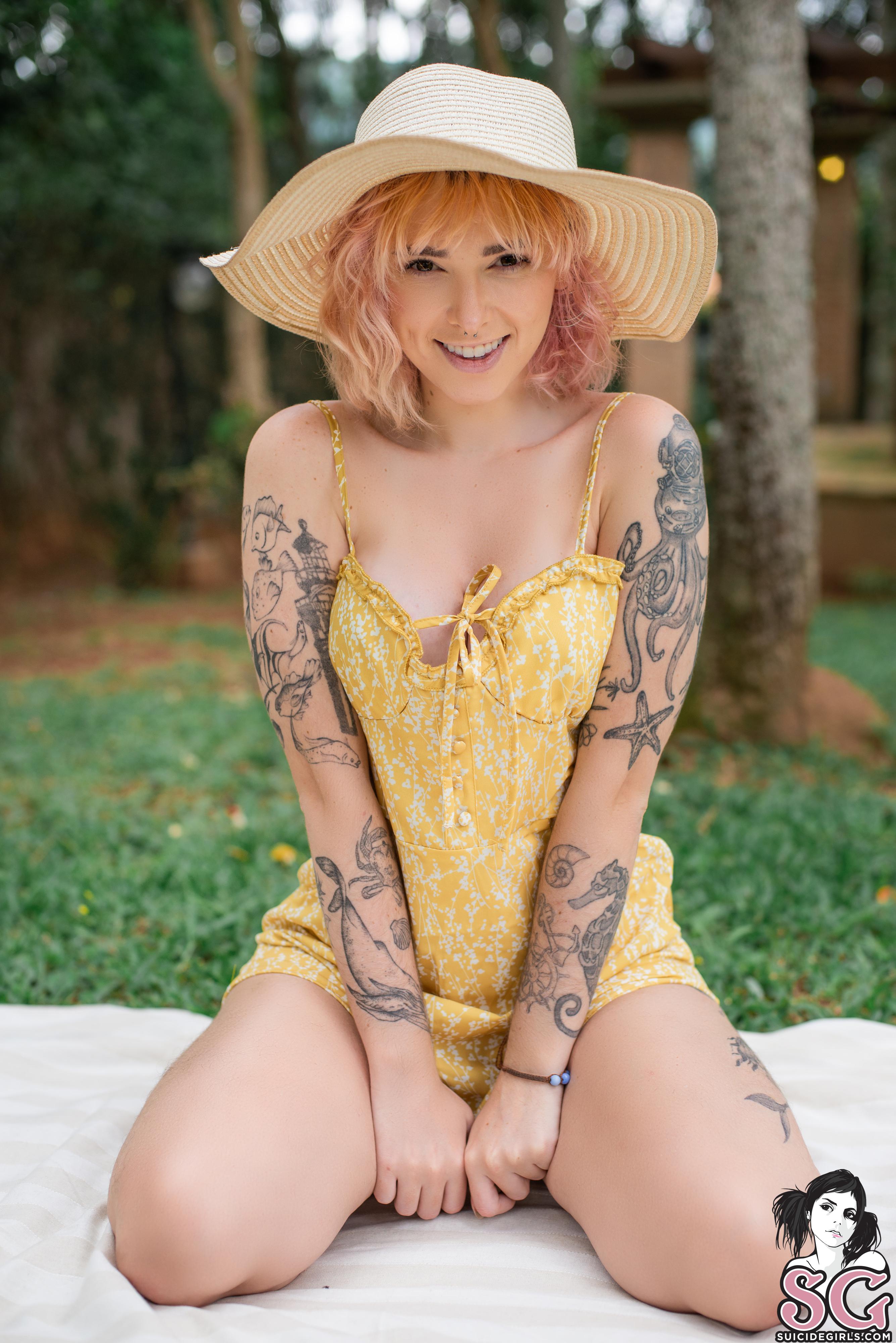 People 2670x4000 Wichitak Suicide women Suicide Girls model inked girls tattoo women outdoors dyed hair portrait display dress bare shoulders looking at viewer kneeling hat smiling