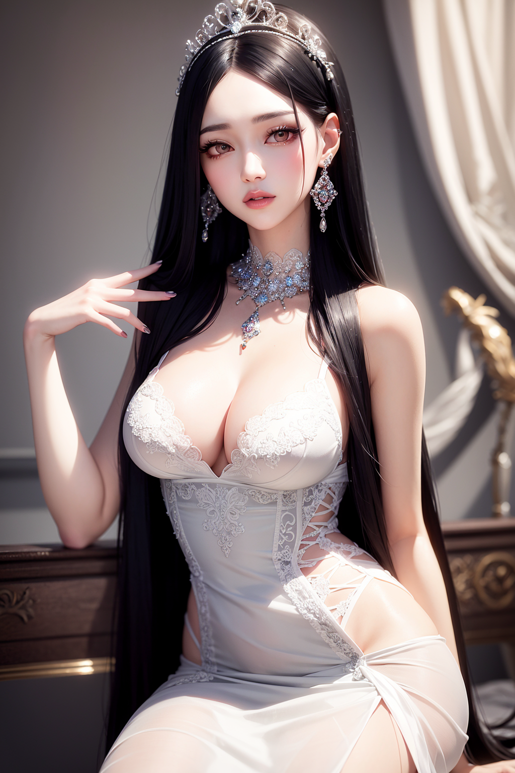 Women Asian Cleavage Big Boobs Looking At Viewer Ai Art Portrait Display Dress Tiaras