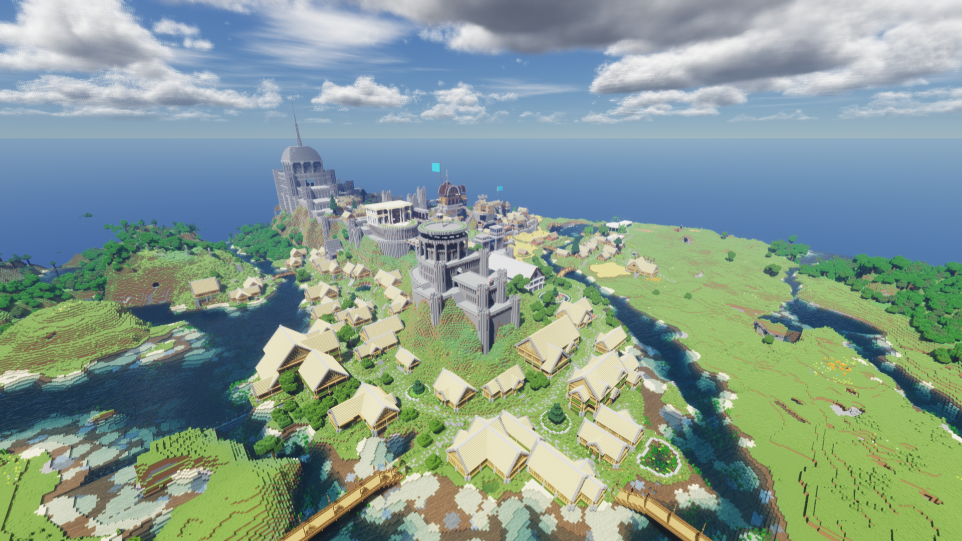 General 1920x1080 Minecraft building video games CGI clouds village castle flag water sky