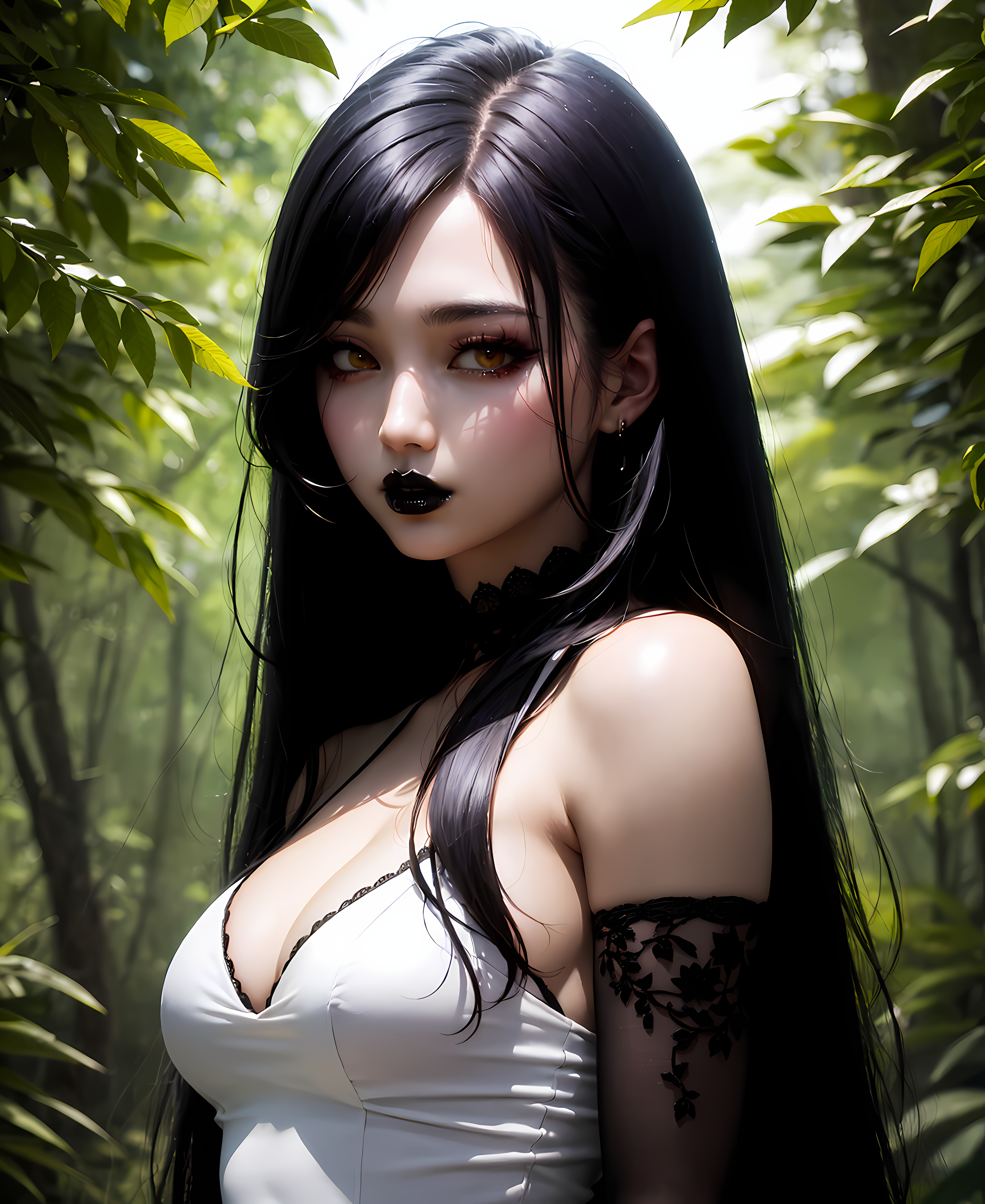 General 2304x2816 AI art women portrait display Asian looking at viewer leaves long hair black hair cleavage big boobs