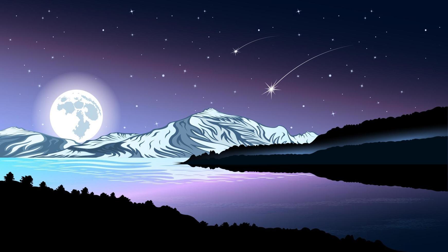 Anime 1742x980 mountains stars starry night night water Moon shooting stars reflection sky