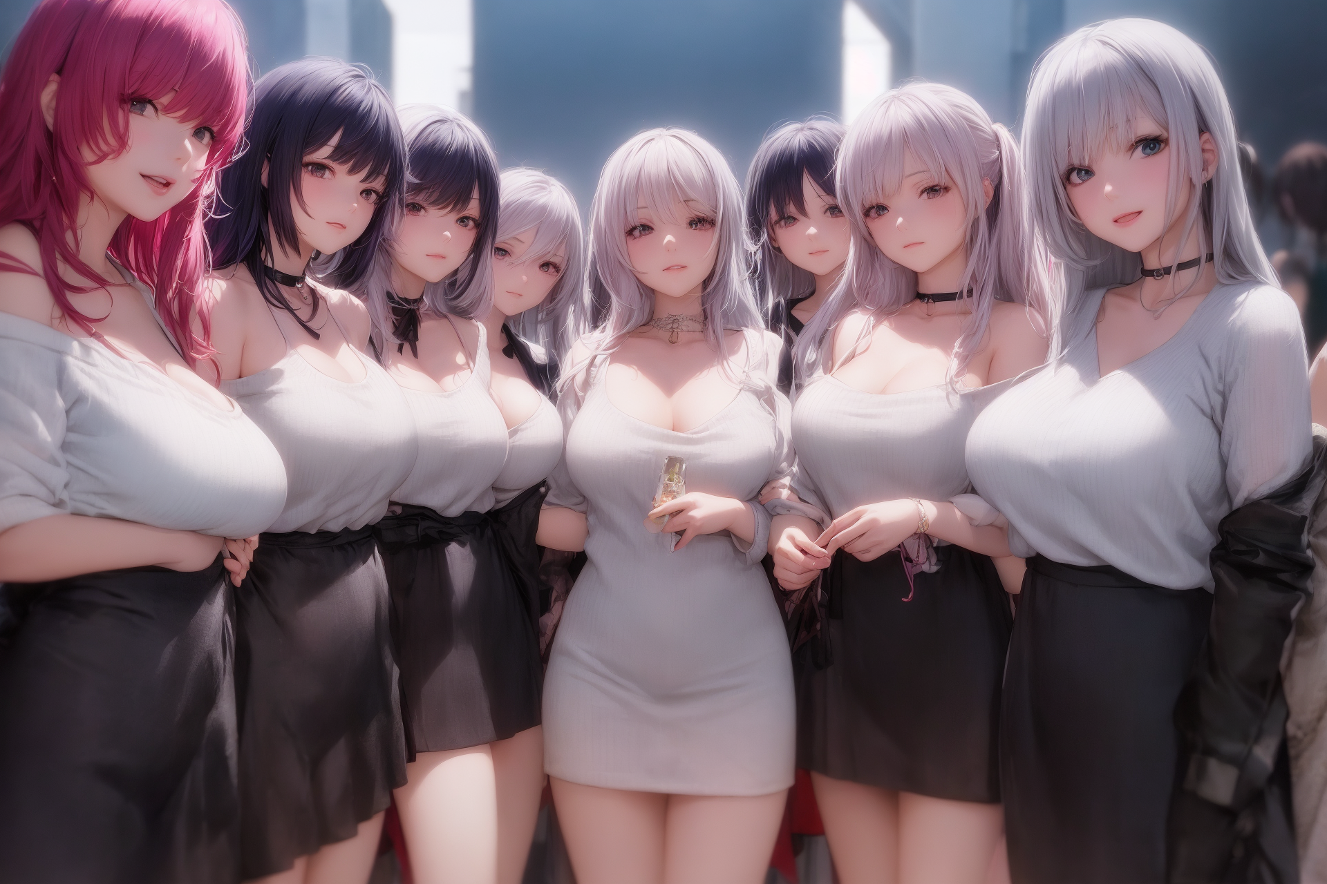 Anime 1920x1280 Pixiv AI art big boobs harem group of women line-up boobs lined up choker looking at viewer skirt anime girls