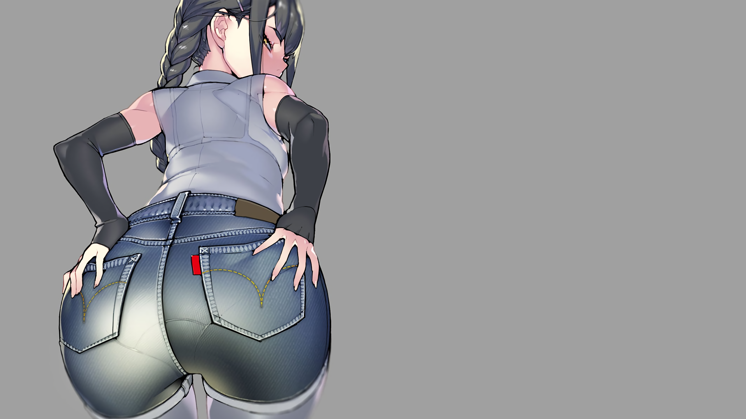 Anime 2560x1440 anime anime girls ecchi simple background minimalism gray background looking at viewer ass thick ass thighs the gap pantylines jean shorts bra straps pantyhose bent over Namaniku ATK looking back braids