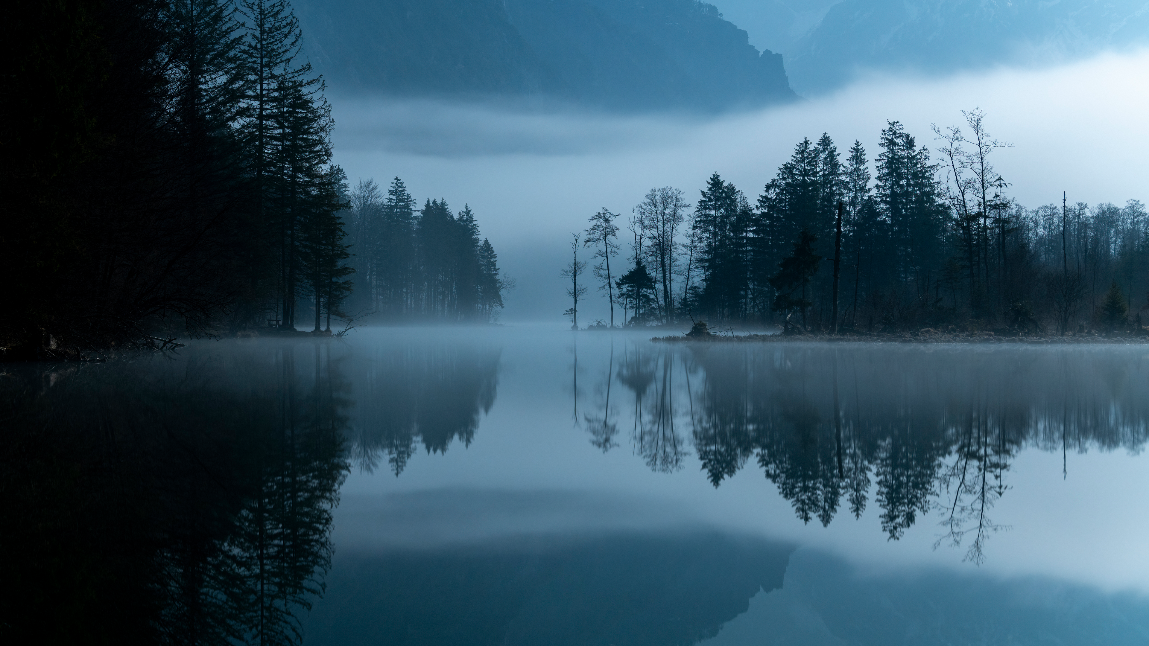 General 3840x2160 nature landscape trees mountains river water reflection long exposure mist dark low light