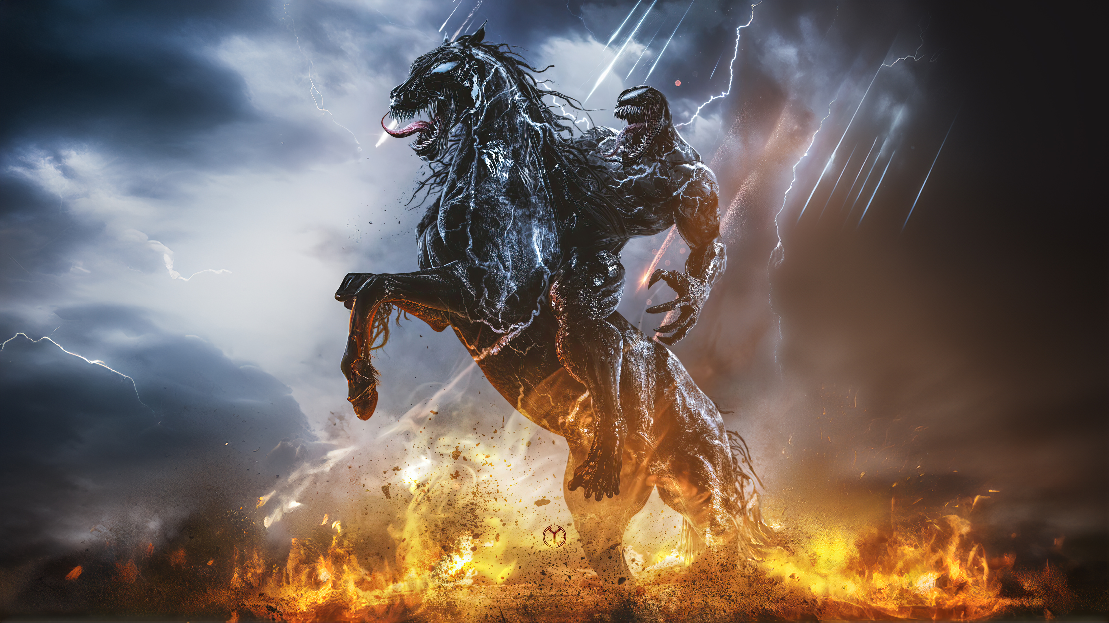 General 3840x2160 Venom horse riding fire artwork digital art lightning