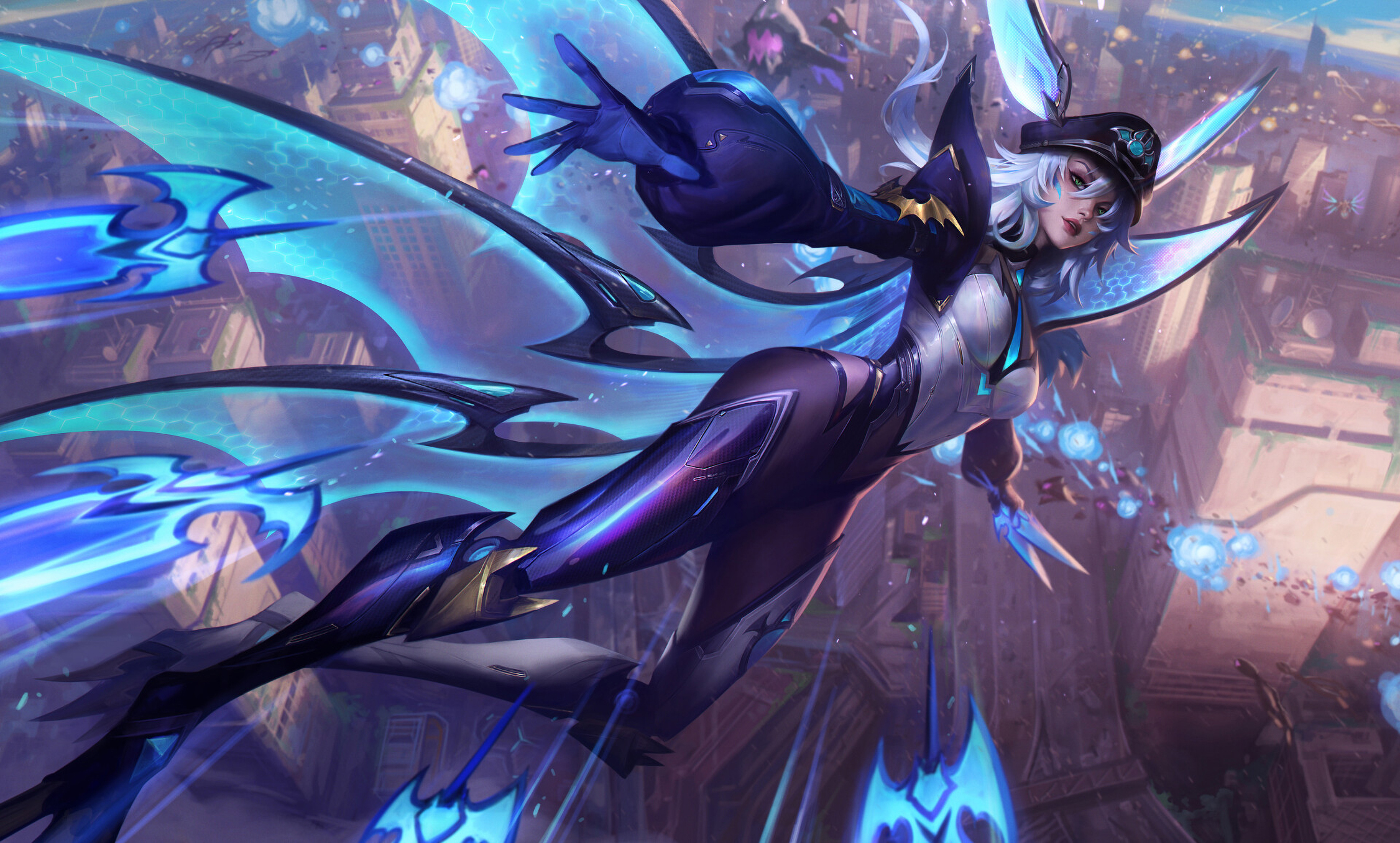 General 2252x1357 Bo Chen drawing Xayah (League of Legends) wings flying cityscape League of Legends Riot Games video games video game characters