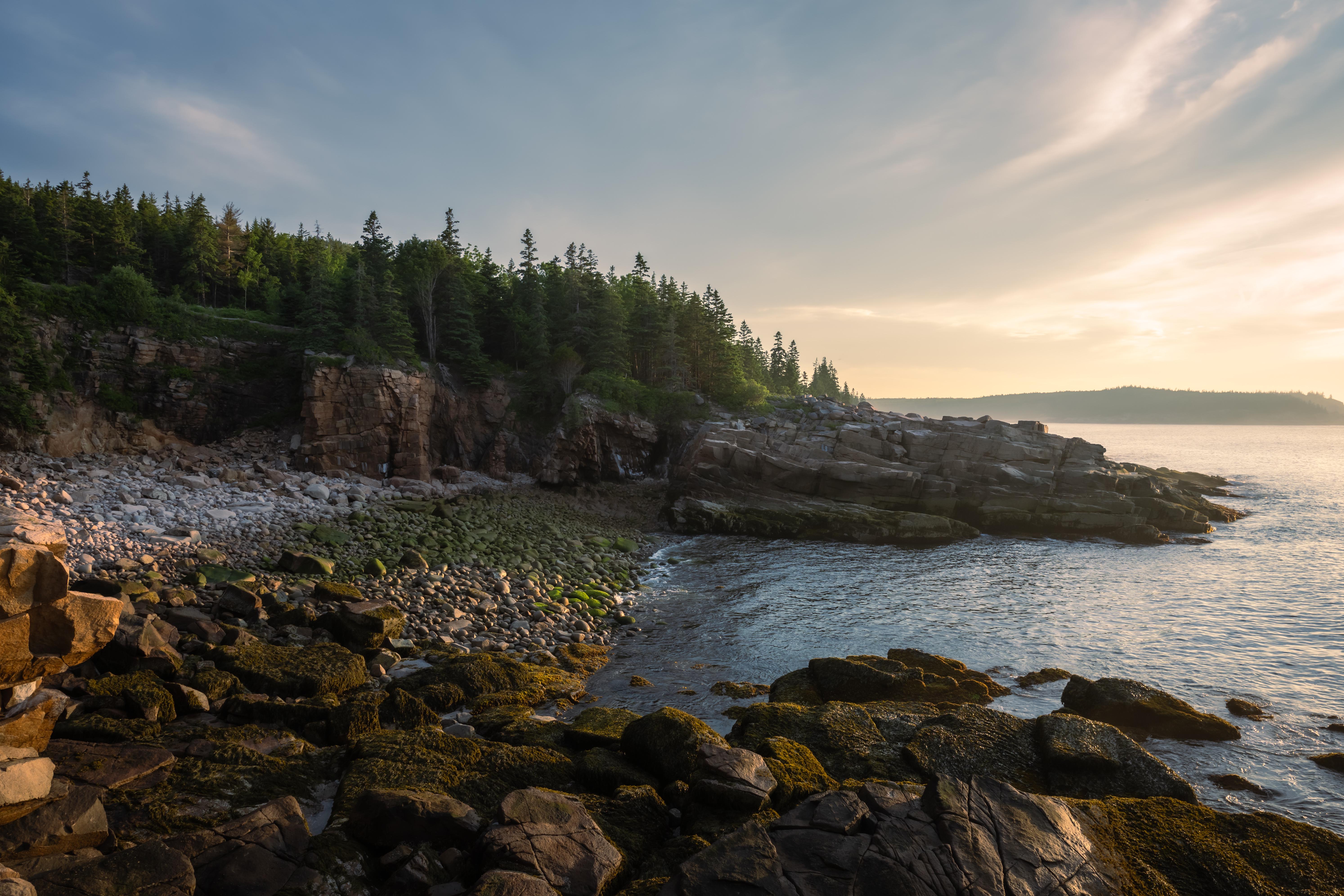 General 5975x3983 coast nature landscape forest rocks cliff national park Maine USA North America sunset