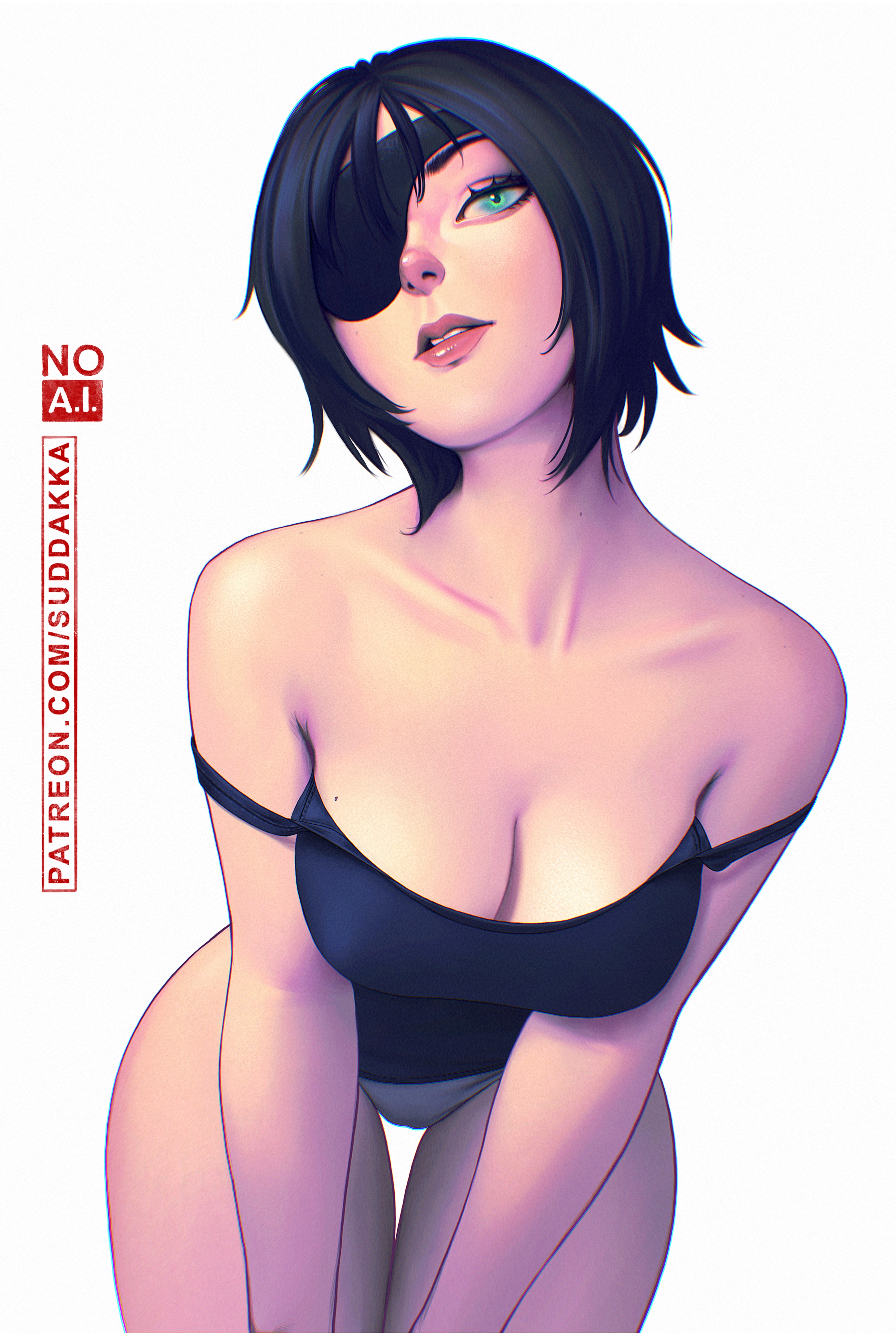 Anime 2754x4096 Chainsaw Man Himeno (Chainsaw Man) digital art cleavage simple background looking at viewer Suddakka the gap frontal view bent over leaning parted lips strap falling off shoulder collarbone short hair dark hair watermarked