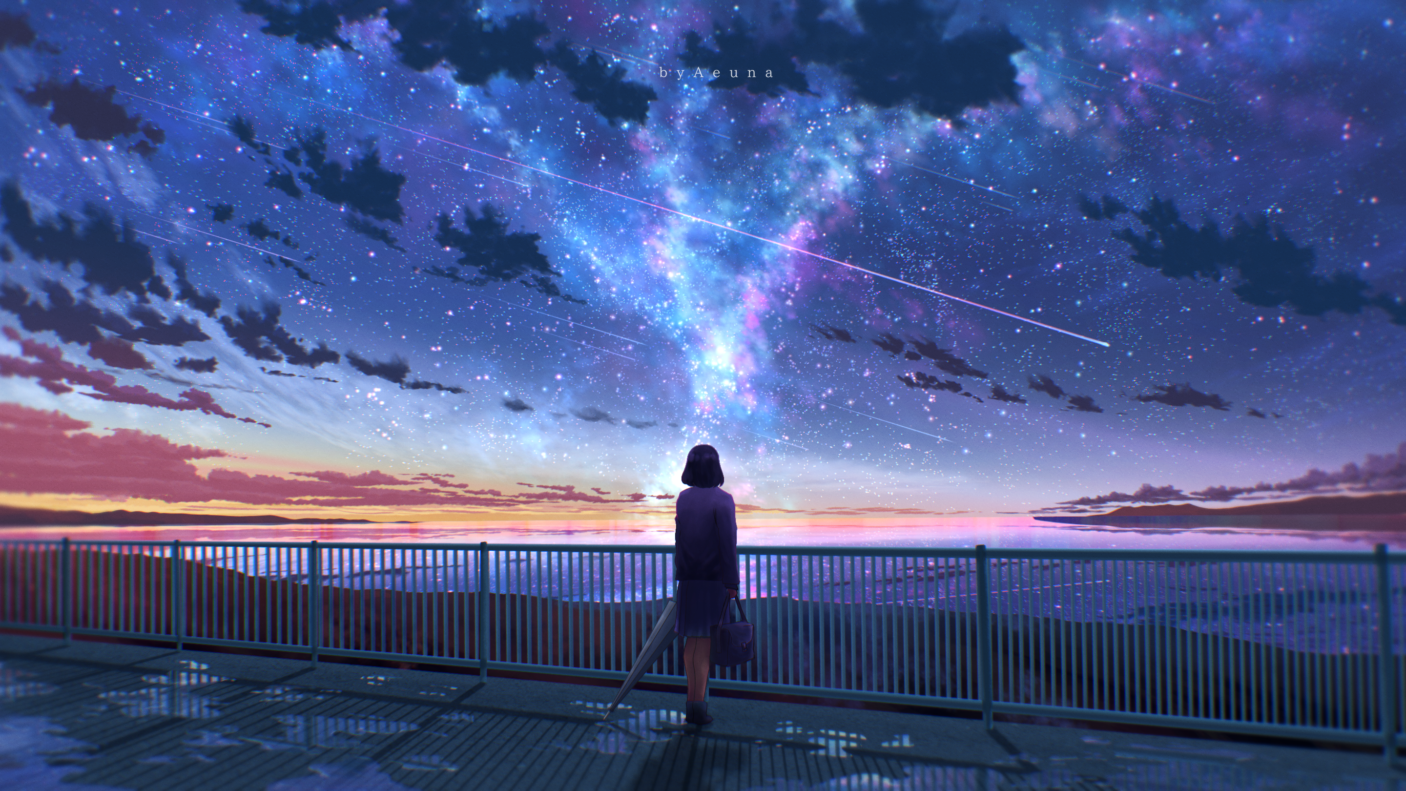 Anime 2880x1620 artwork digital art illustration night scenery stars sky iron railing anime girls bag umbrella skirt short hair clouds starscape meteor streak galaxy shooting stars standing watermarked Aeuna