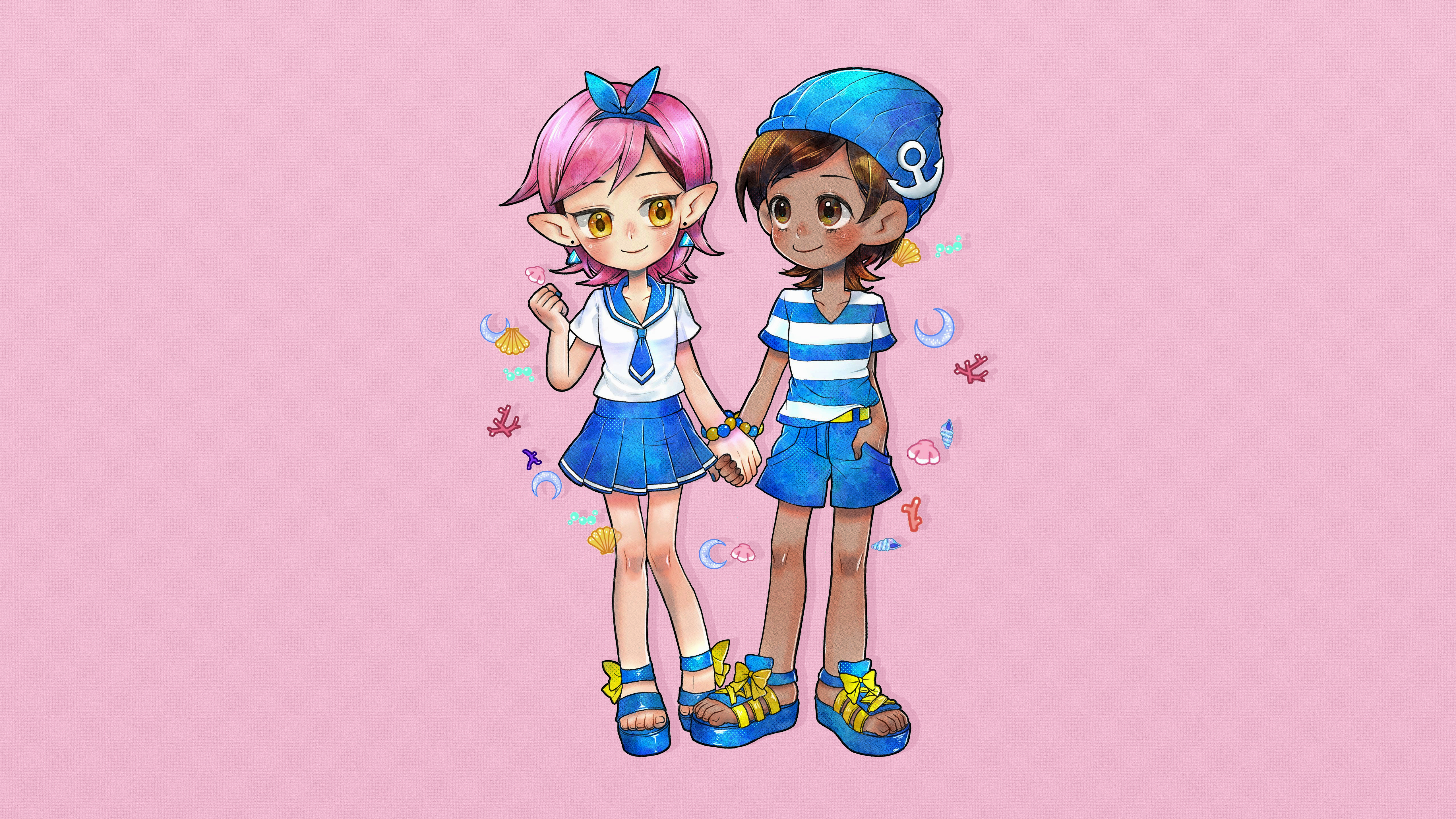 Anime 5120x2880 pink background Disney The Owl House Luz Noceda Amity Blight sandals skirt blue skirt sailor uniform women holding hands yellow eyes earring blushing pink hair two tone hair multi-colored hair pointy ears ribbon headband brunette brown eyes beanie anchors striped shirt T-shirt bracelets Moon coral seashells bubbles painted nails blue nails yellow ribbon lesbians bangs