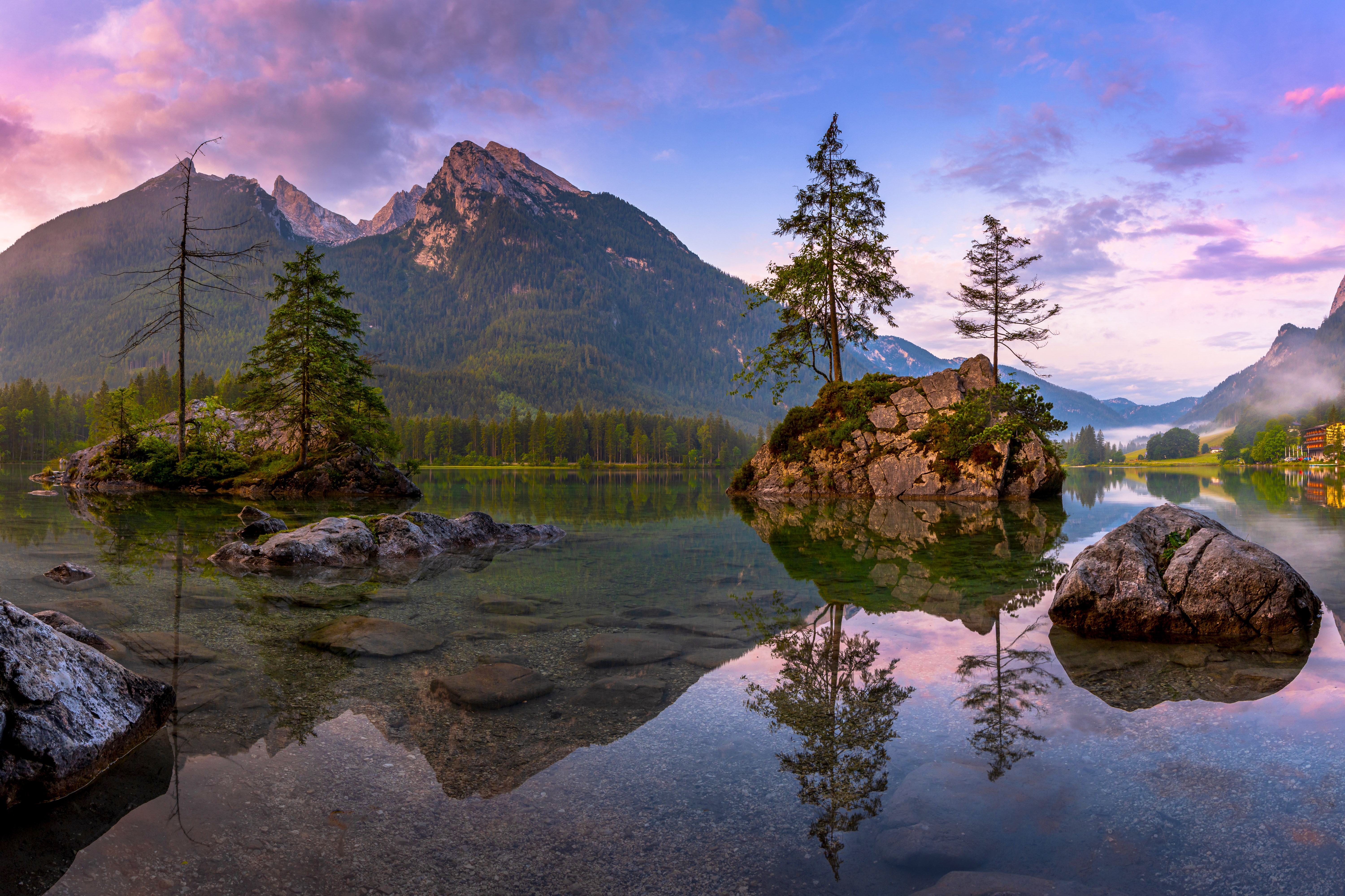 General 6000x3998 nature landscape mountains rocks house reflection sky clouds trees mist sunrise Hintersee Germany Timo Gebel