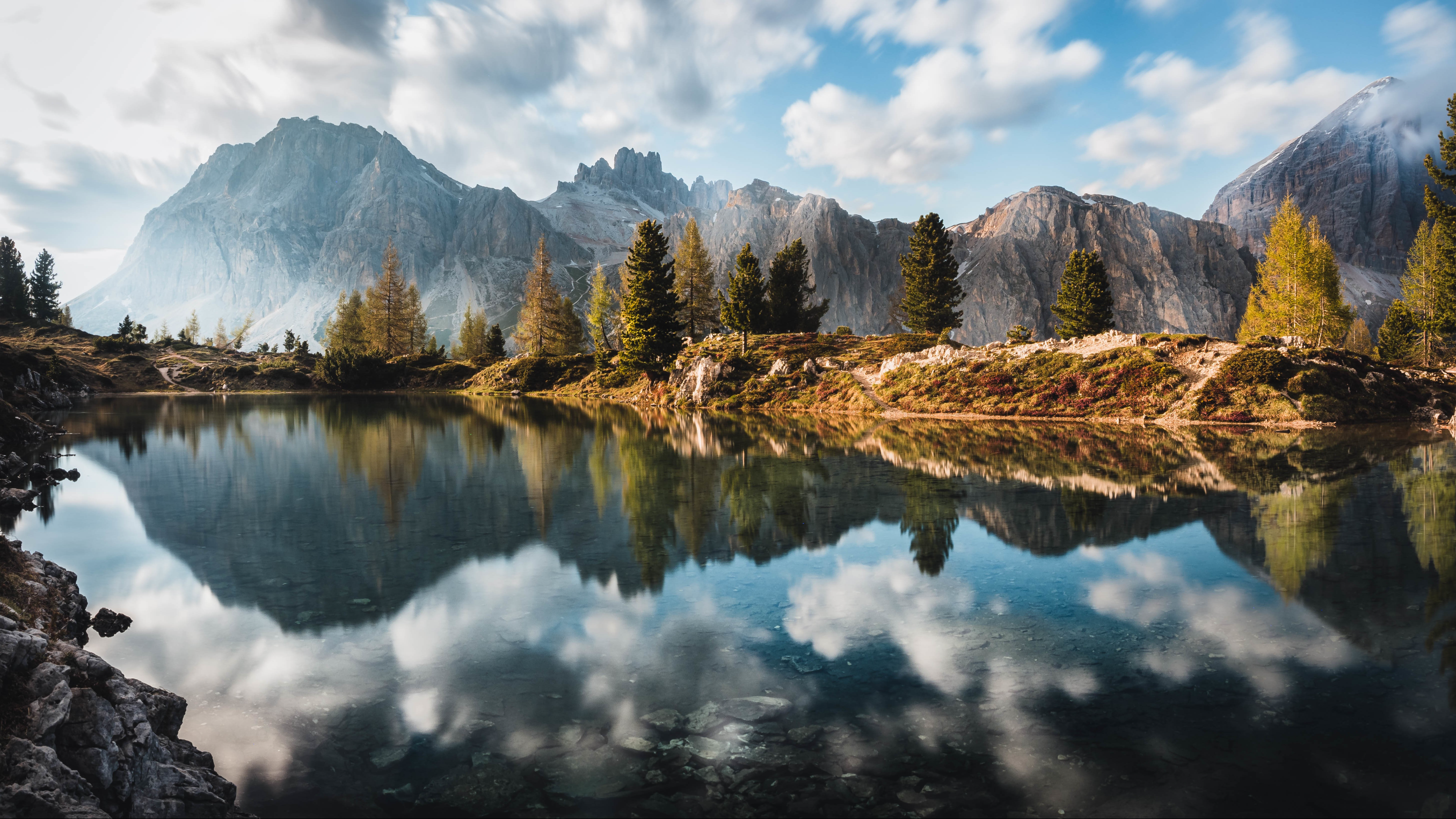 General 3840x2160 nature landscape trees water reflection clouds mountains rocks grass sky pine trees spruce