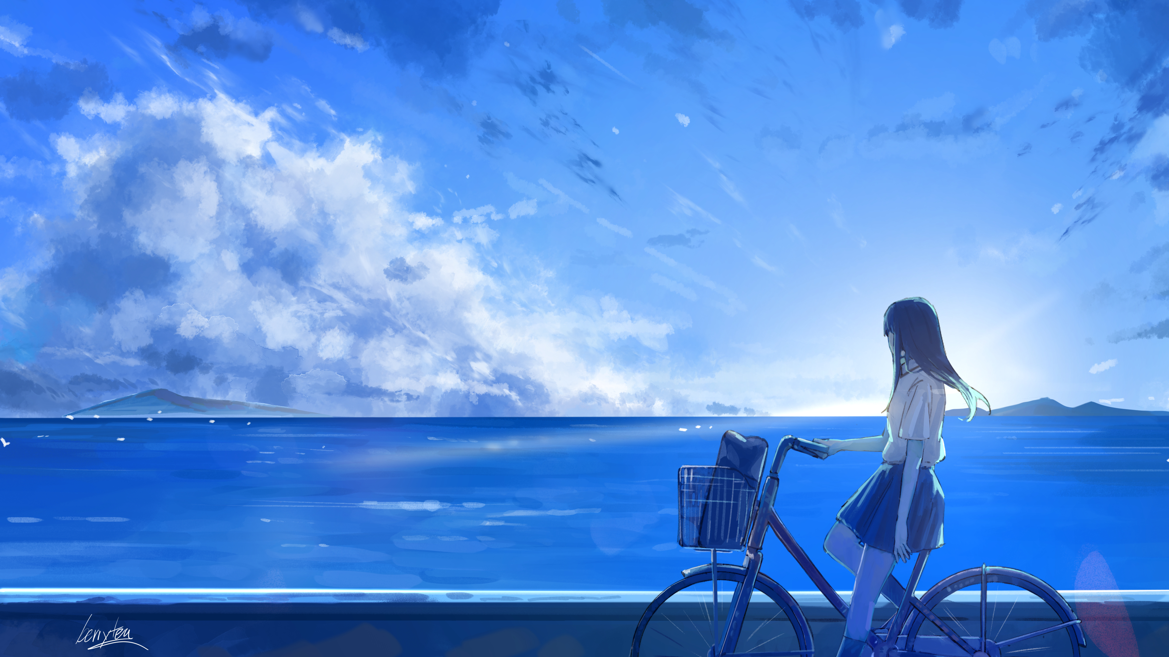 Anime 3840x2160 artwork digital art anime anime girls bicycle clouds sea sky students illustration