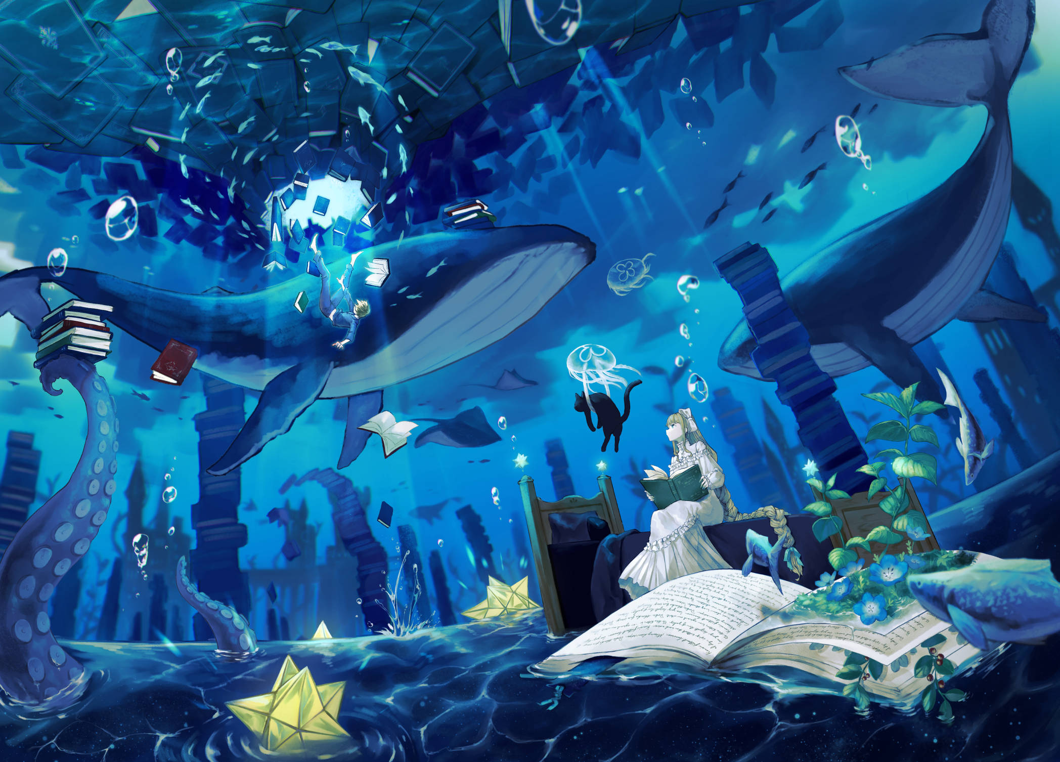 Anime 2096x1506 Canned Rose underwater white dress looking up whale water books cats flowers plants hair ribbon water drops fish braids bed Stingray long hair jellyfish tentacles