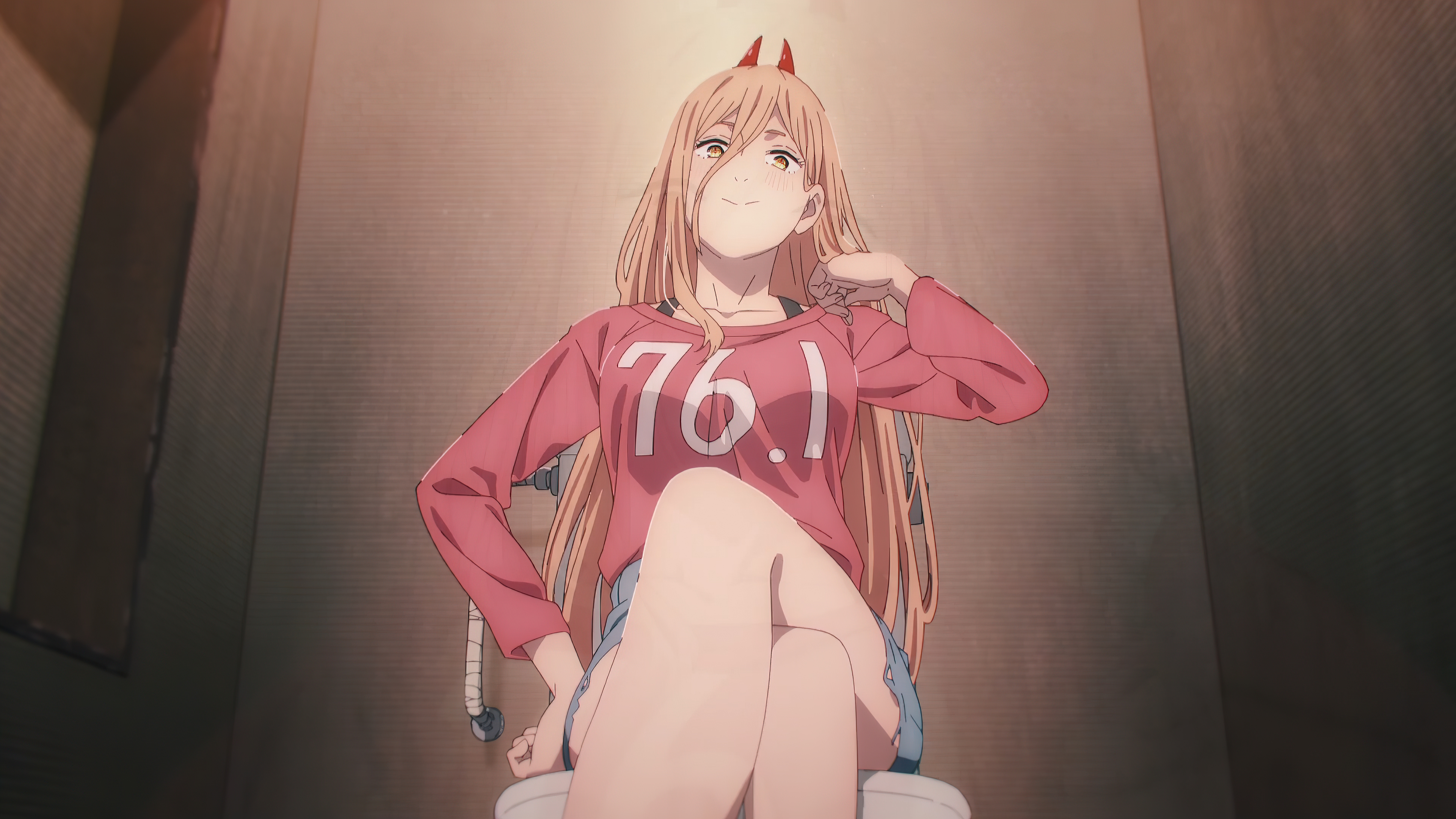 Anime 3840x2160 Chainsaw Man anime 4K frontal view low-angle Power (Chainsaw Man) Anime screenshot anime girls legs crossed