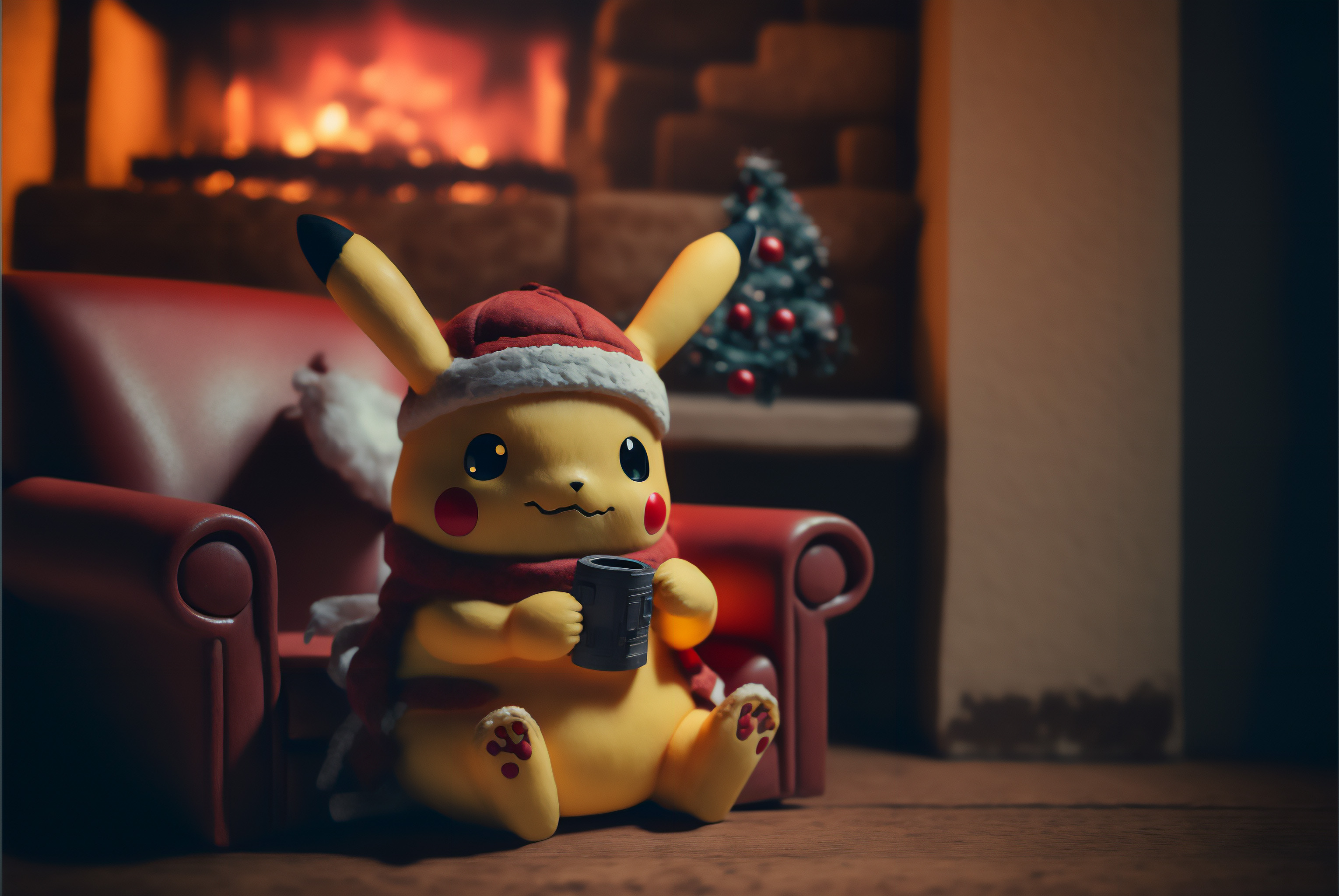 General 3060x2048 AI art Pikachu Pokémon Christmas interior scarf Christmas tree fireplace video game characters