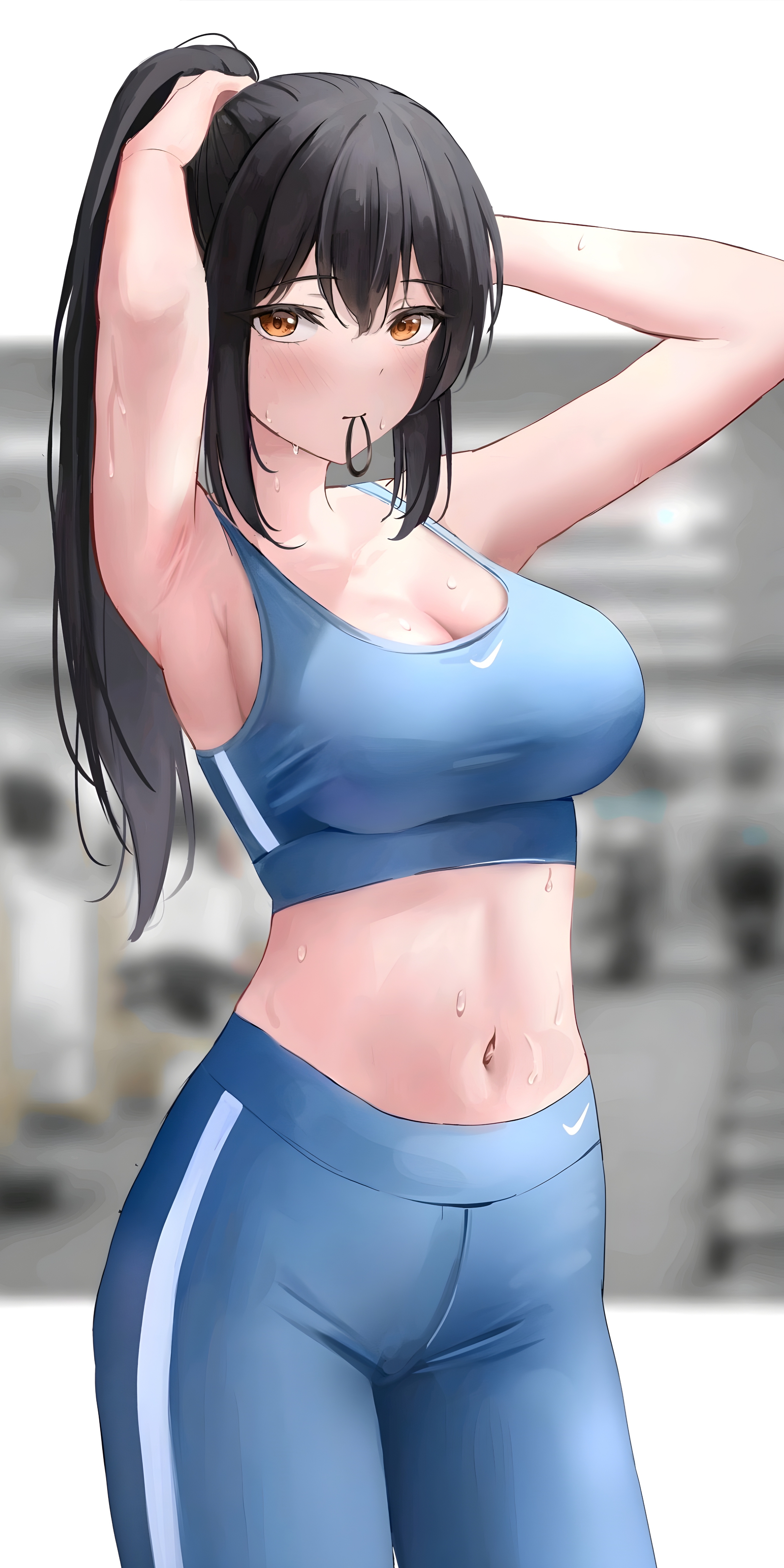 Anime 2400x4800 anime anime girls sweat black hair sportswear sports bra yoga pants belly portrait display cleavage big boobs ponytail armpits