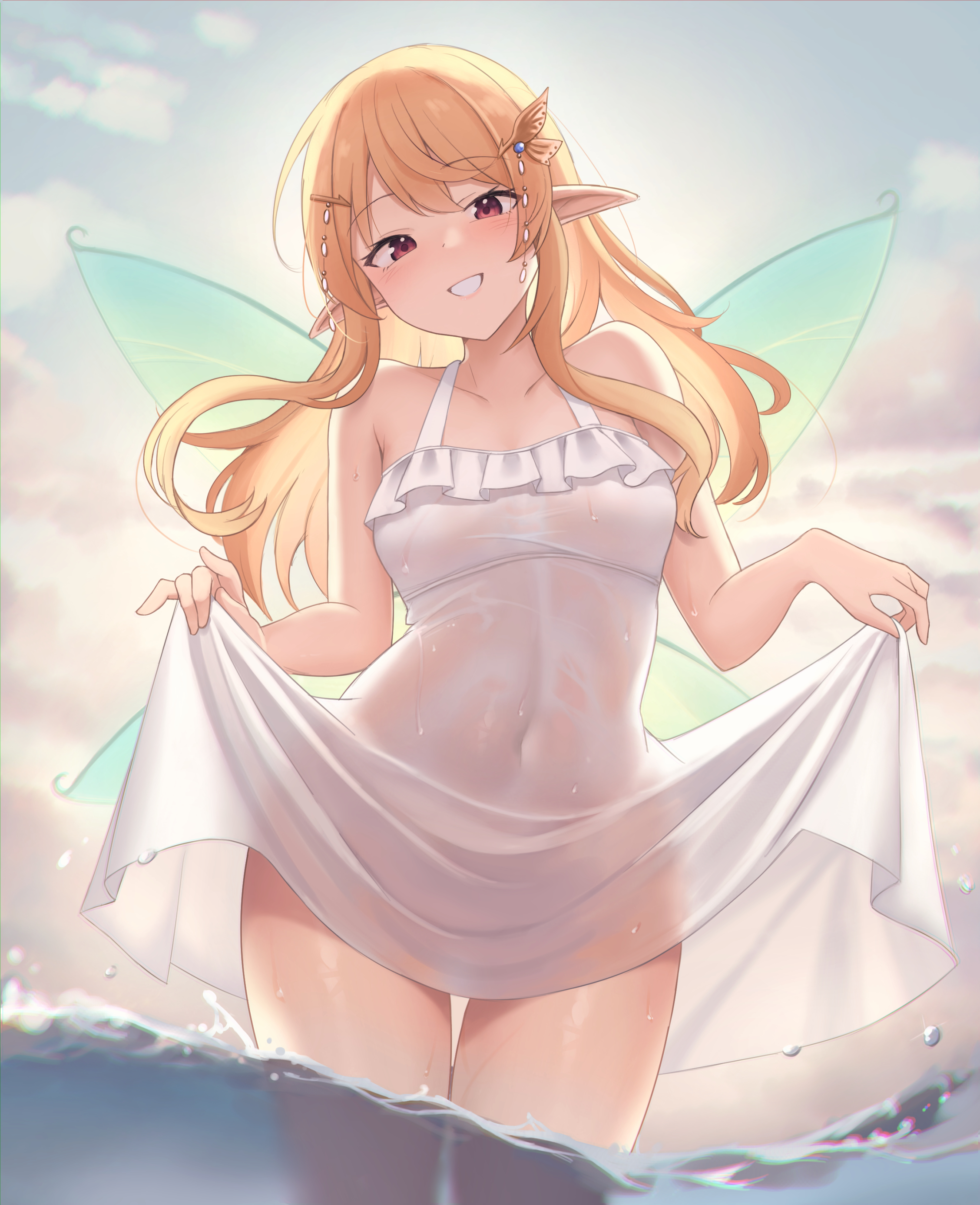 Anime 2256x2773 anime anime girls lifting clothes water standing in water blonde red eyes pointy ears butterfly wings wet body wet clothing wet low-angle smiling Pomu Rainpuff Nijisanji Virtual Youtuber