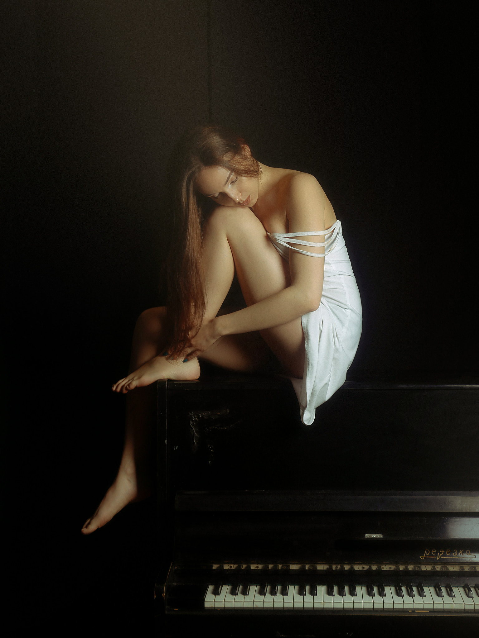 People 1536x2048 Vadim Aksyonov women brunette dress white clothing undressing legs painted nails dark piano