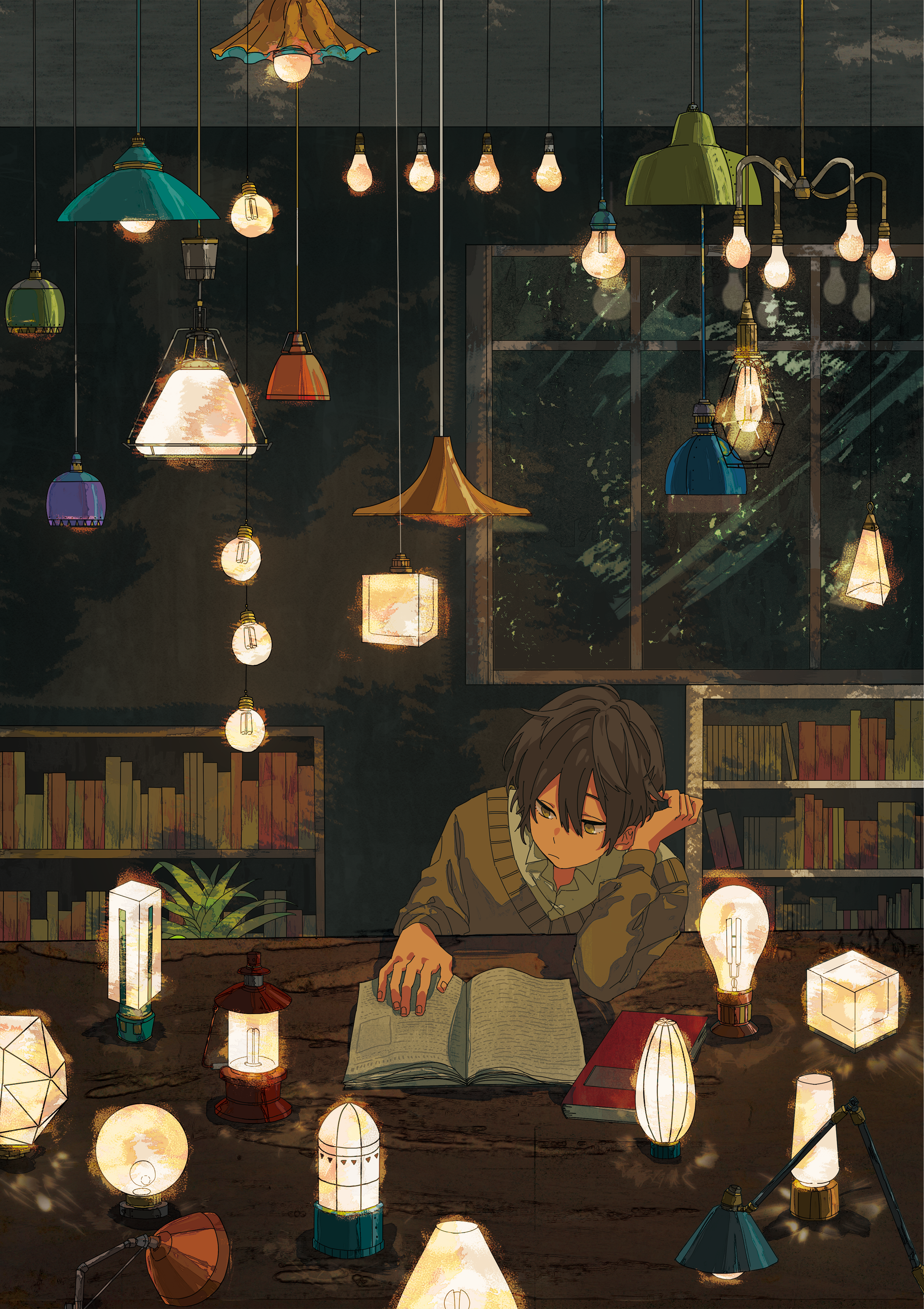 Anime 2428x3440 anime anime boys books portrait display lights reading