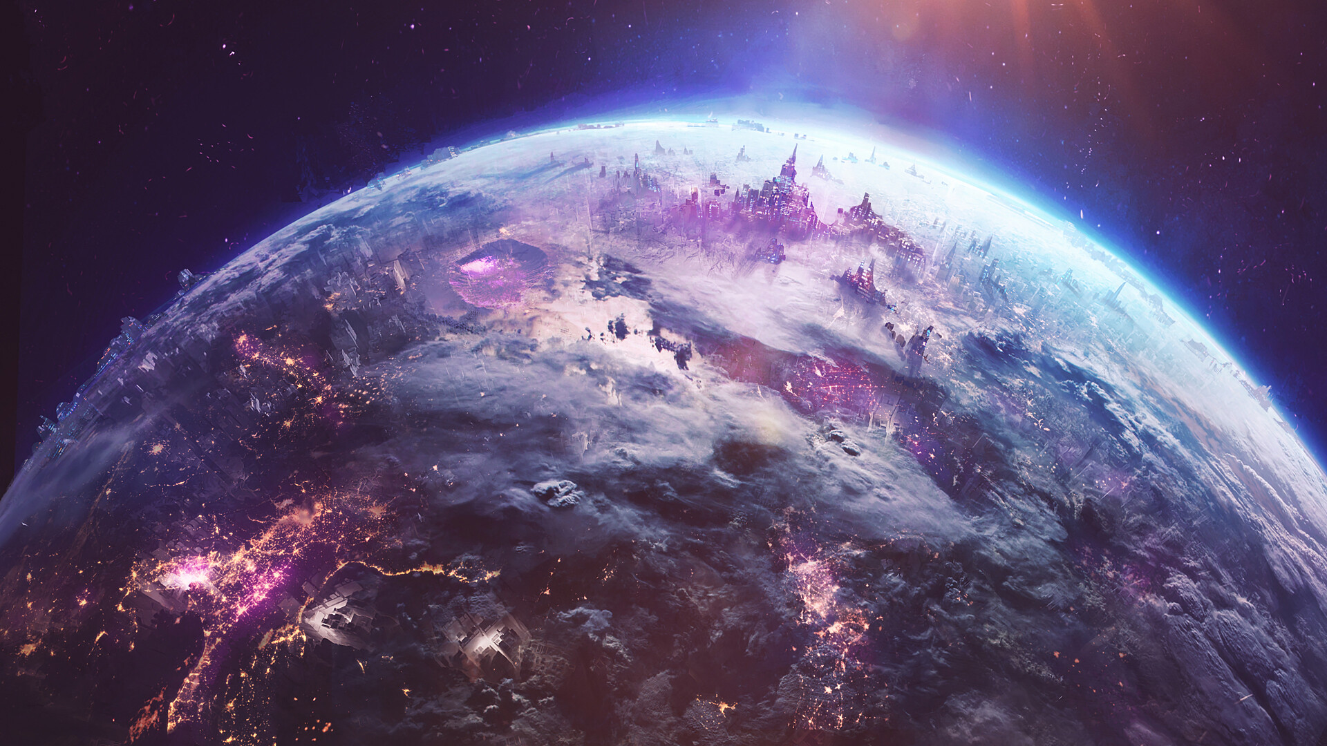 General 1920x1080 city science fiction high tech planet sky space pink purple blue Sun clouds water