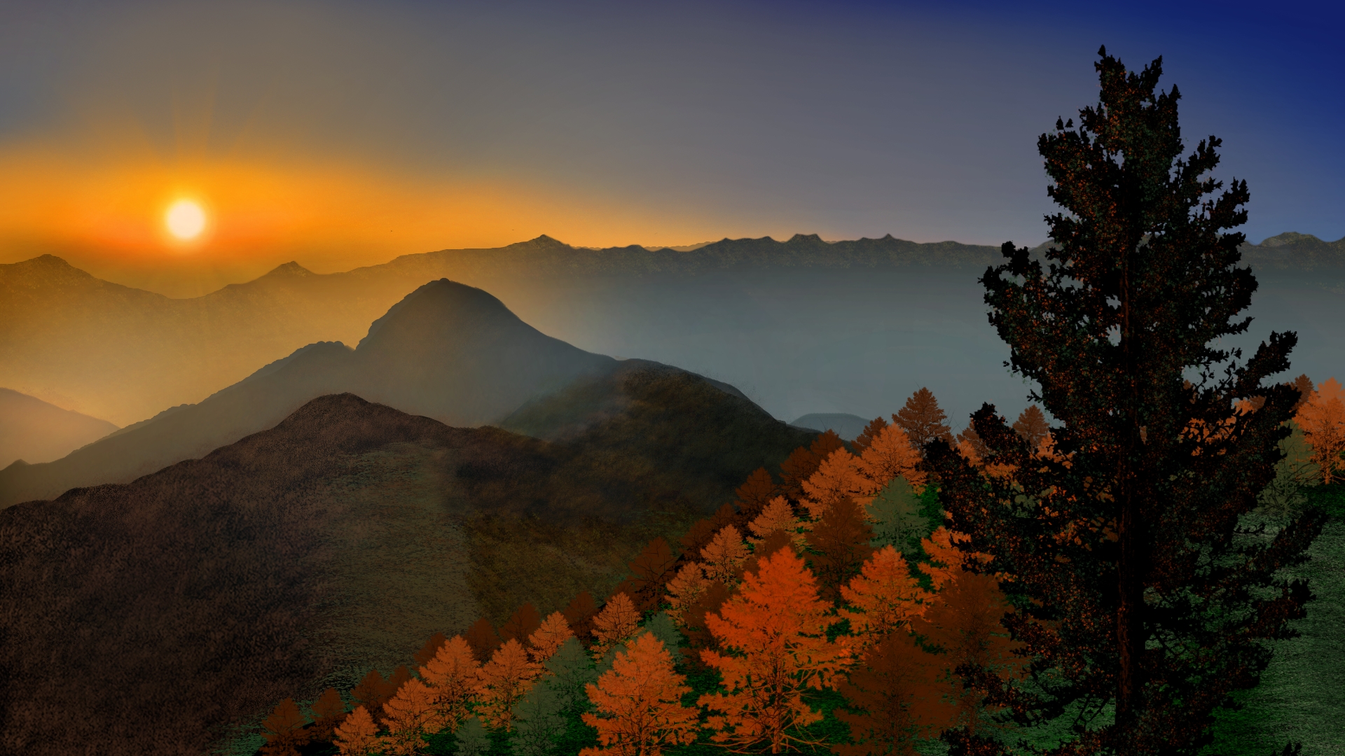 General 1920x1080 digital painting digital art nature landscape hills sunlight sunset