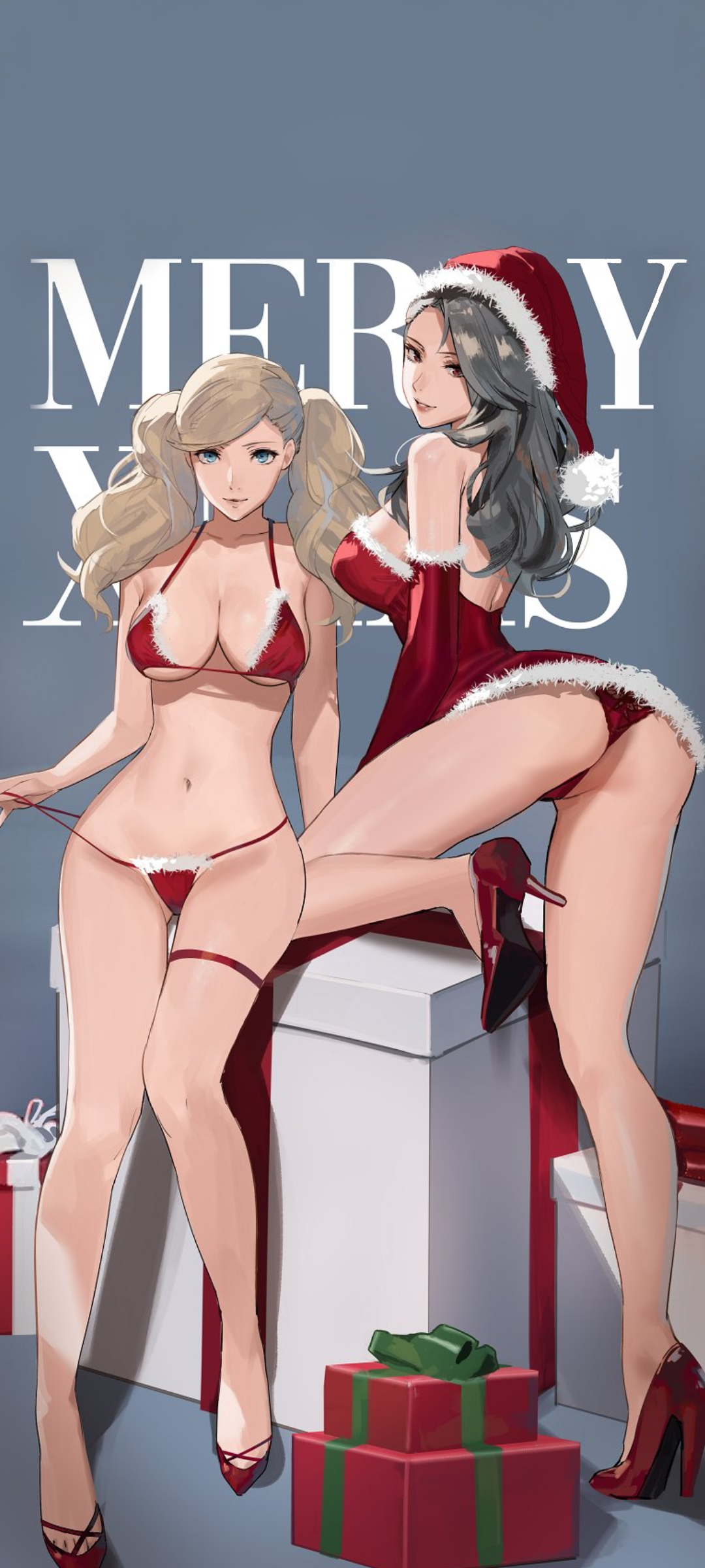 Anime 1080x2400 J@CK Christmas clothes Ann Takamaki  Sae Niijima Persona 5 ass twintails portrait display anime girls underwear Christmas presents Christmas big boobs Santa hats two women