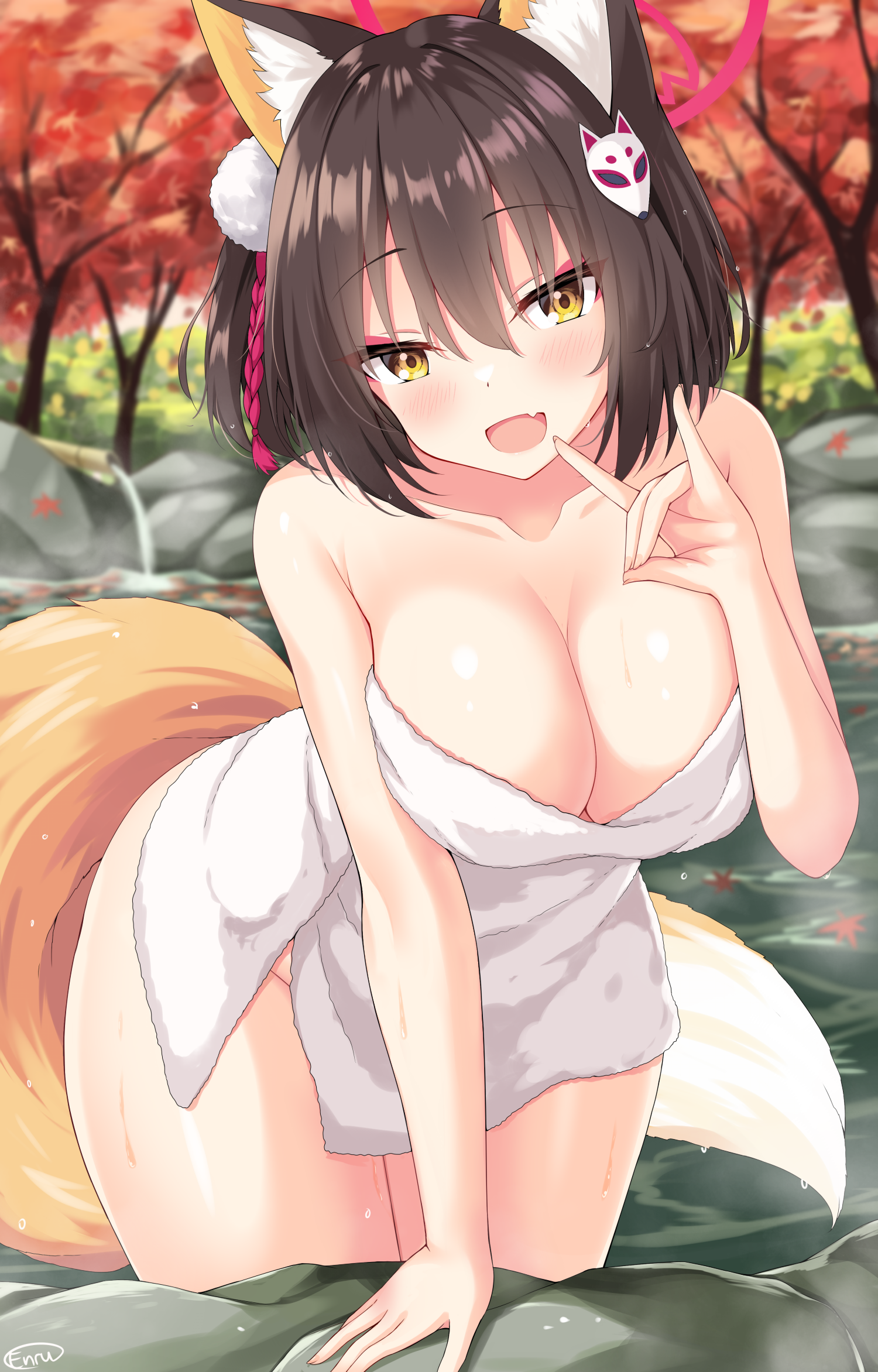 Anime 1500x2344 smiling anime girls fox girl towel hot spring fall big boobs cleavage kuda izuna (Blue Archive) Blue Archive artwork Hayana Neru