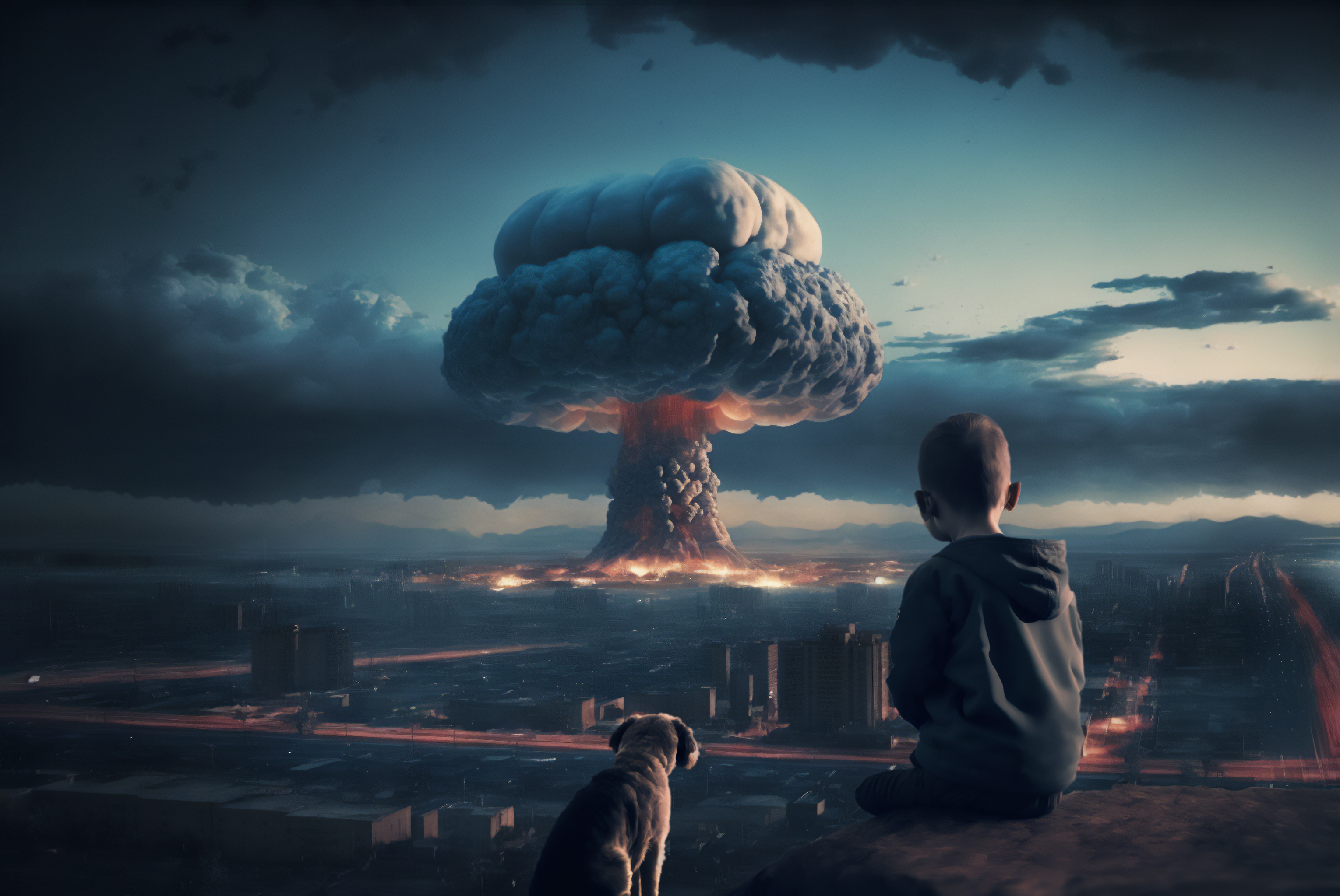 General 3060x2048 mushroom clouds atomic bomb city children dog AI art