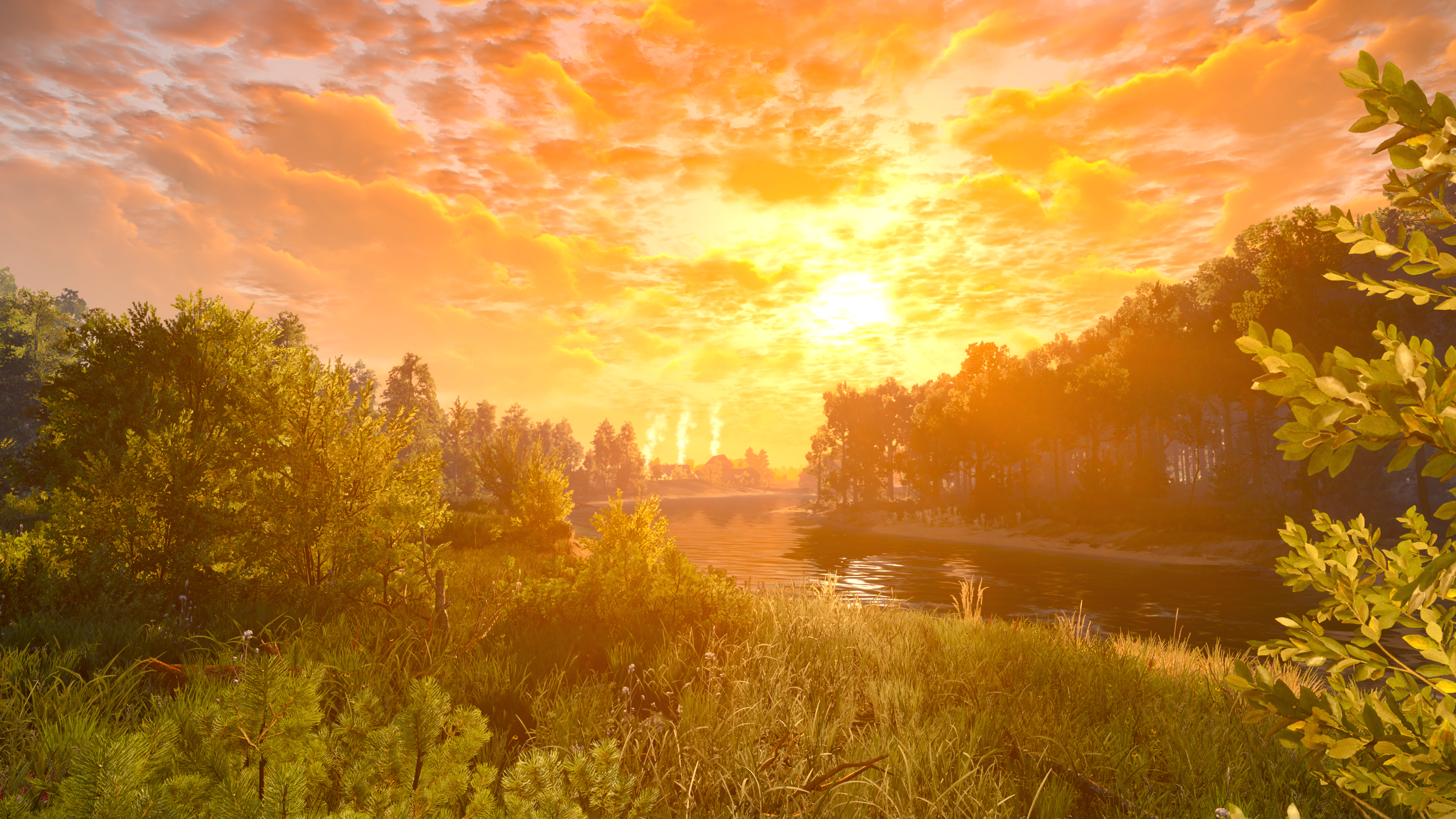 General 3840x2160 The Witcher The Witcher 3: Wild Hunt landscape video games water sunset sunset glow clouds sky nature trees CGI