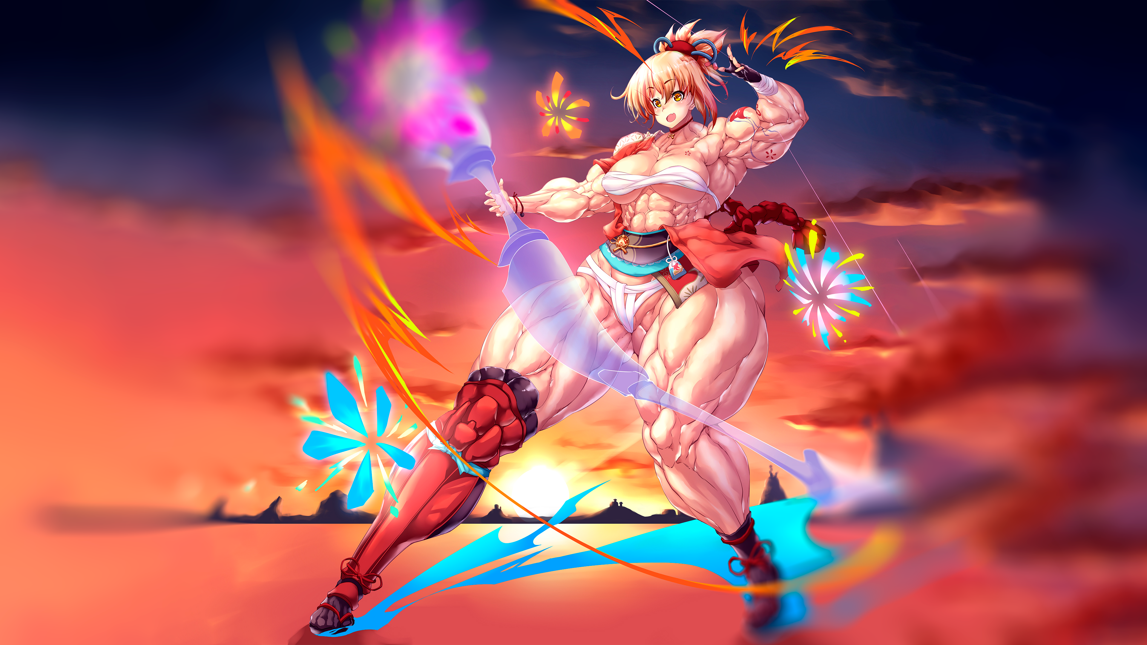 Anime 3840x2160 strong woman bow fireworks Genshin Impact Yoimiya (Genshin Impact) redhead