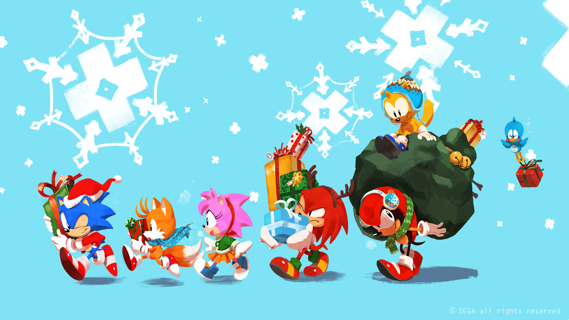 General 1920x1080 Sonic Sonic the Hedgehog Sonic Mania Sonic Mania Adventures Sega PC gaming video game art holiday Christmas Christmas clothes Christmas presents christmas dress Amy Rose Tails (character) Knuckles Mighty winter snowflakes artwork video games