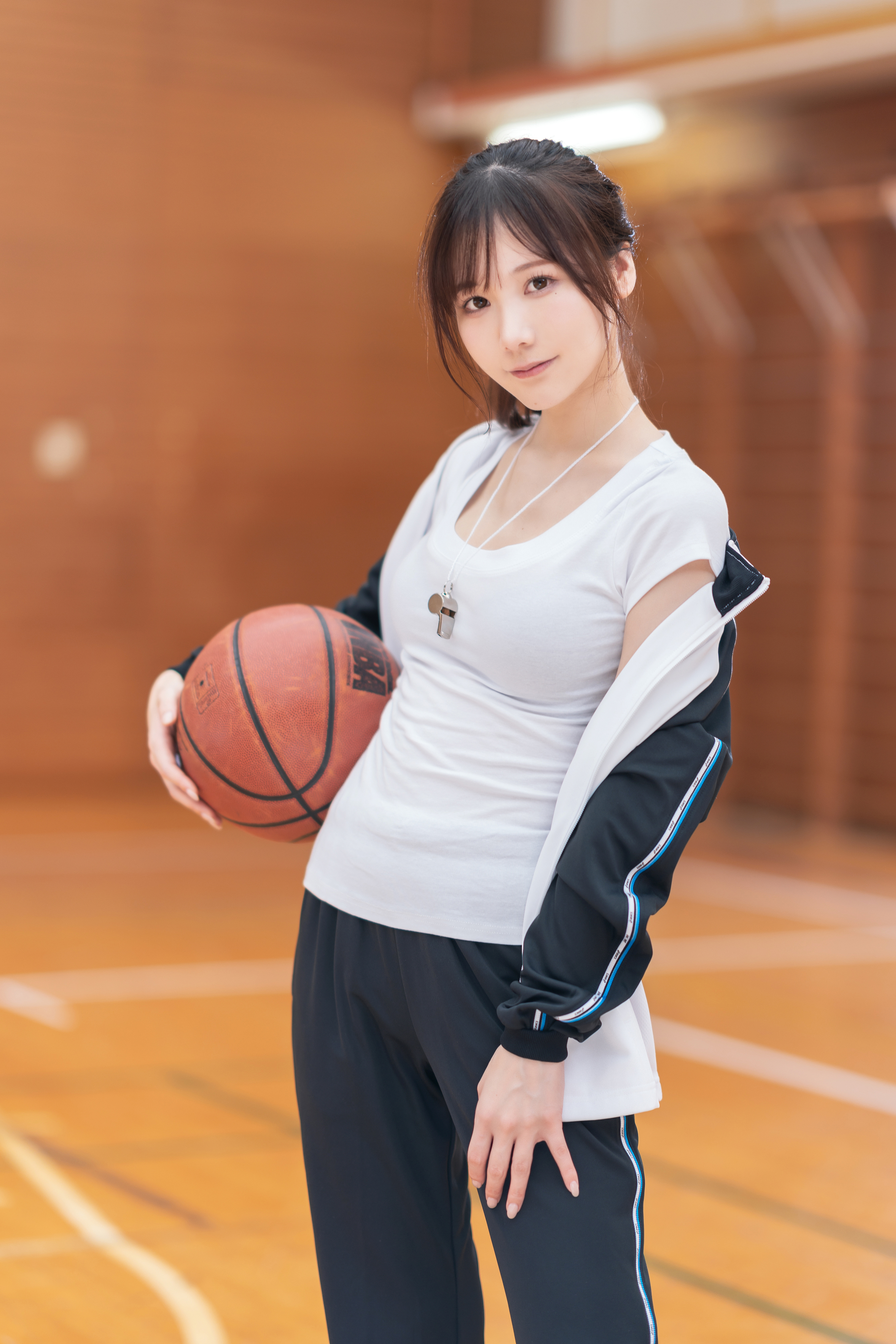 People 2667x4000 KenKen (model) Japanese women Japanese model cosplay women indoors brunette Asian women model whistle looking at viewer basketball court basketball T-shirt white tops