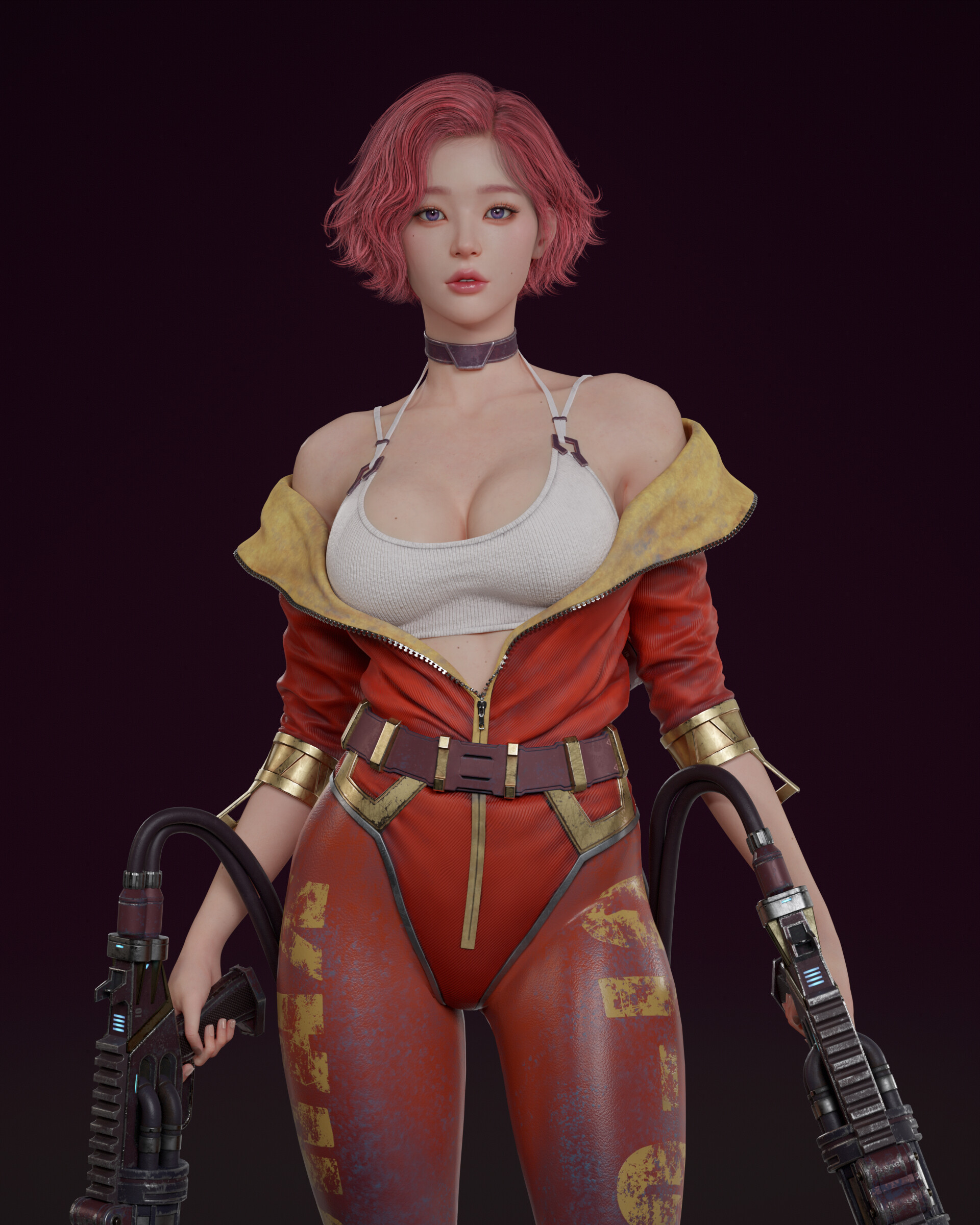 General 1920x2400 Choi Yoonsuk CGI pink hair open clothes weapon red clothing zipper cleavage simple background gun girls with guns tank top