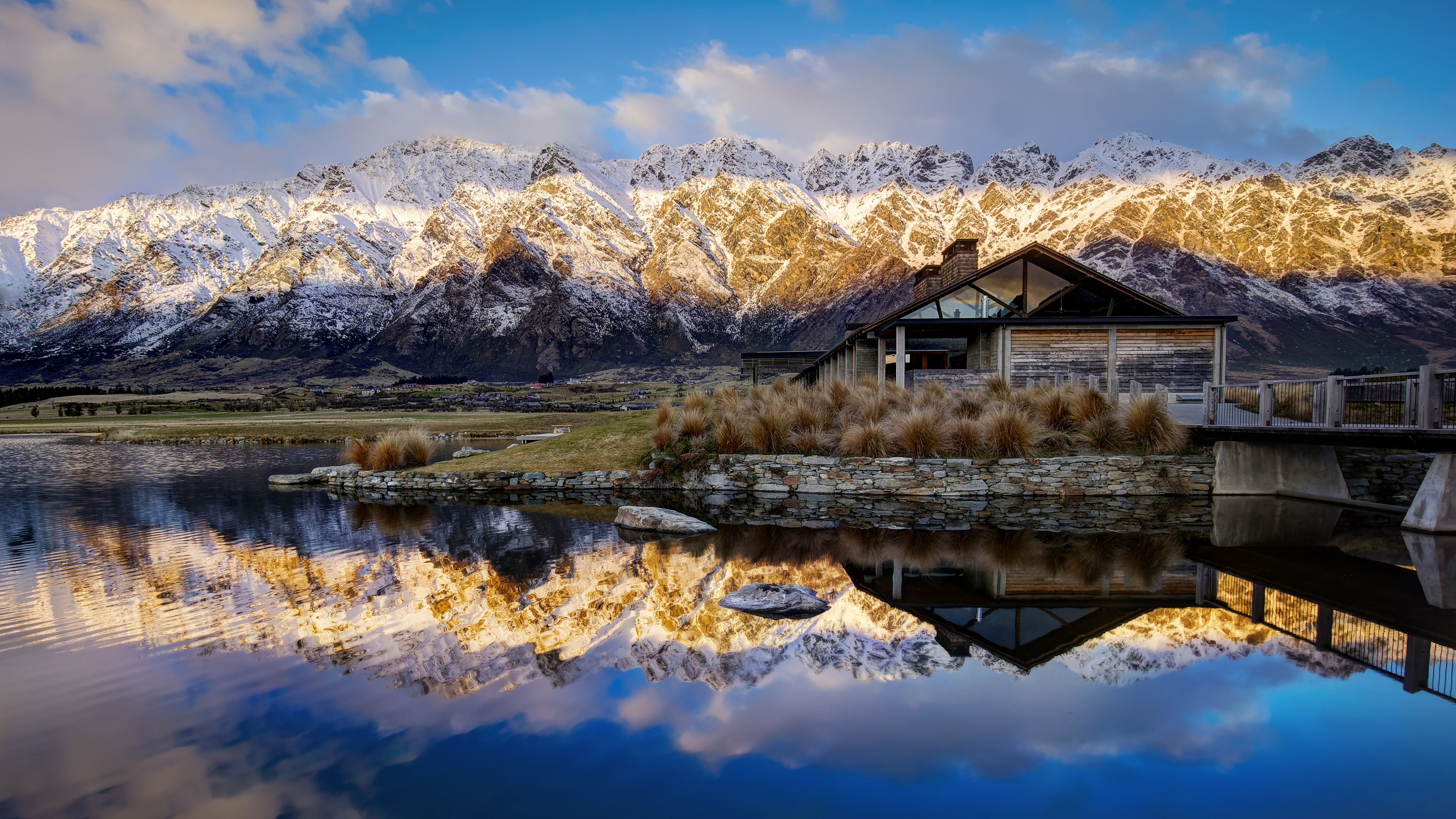 General 3840x2160 landscape 4K Queenstown New Zealand nature mountains water reflection house snow