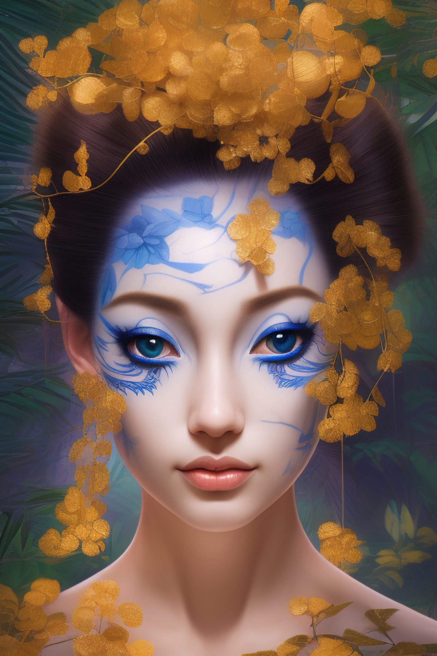 General 1440x2160 Midjourney AI art portrait Asian face paint leaves brunette blue eyes fall